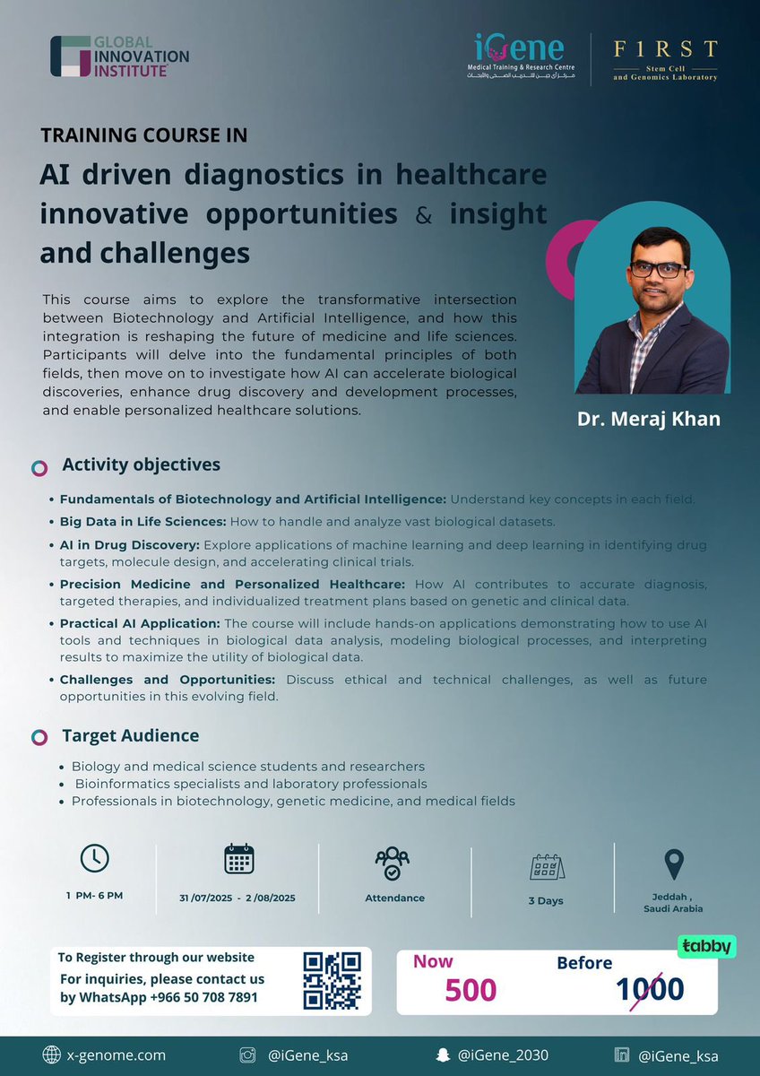 مستقبل الرعاية الصحية بين يديك! 🚀

يسر مركز @iGENE_2030 أن يعلن عن فرصة استثنائية لتطوير مهاراتكم في مجال حيوي: الذكاء الاصطناعي في الرعاية الصحية.

باستضافة الخبير الرائد د. ميراج خان (Dr. Meraj Khan)، المؤسس المشارك لـ Digibiomics. 

ليقدم لكم دورة تدريبية مكثفة وحصرية بعنوان: