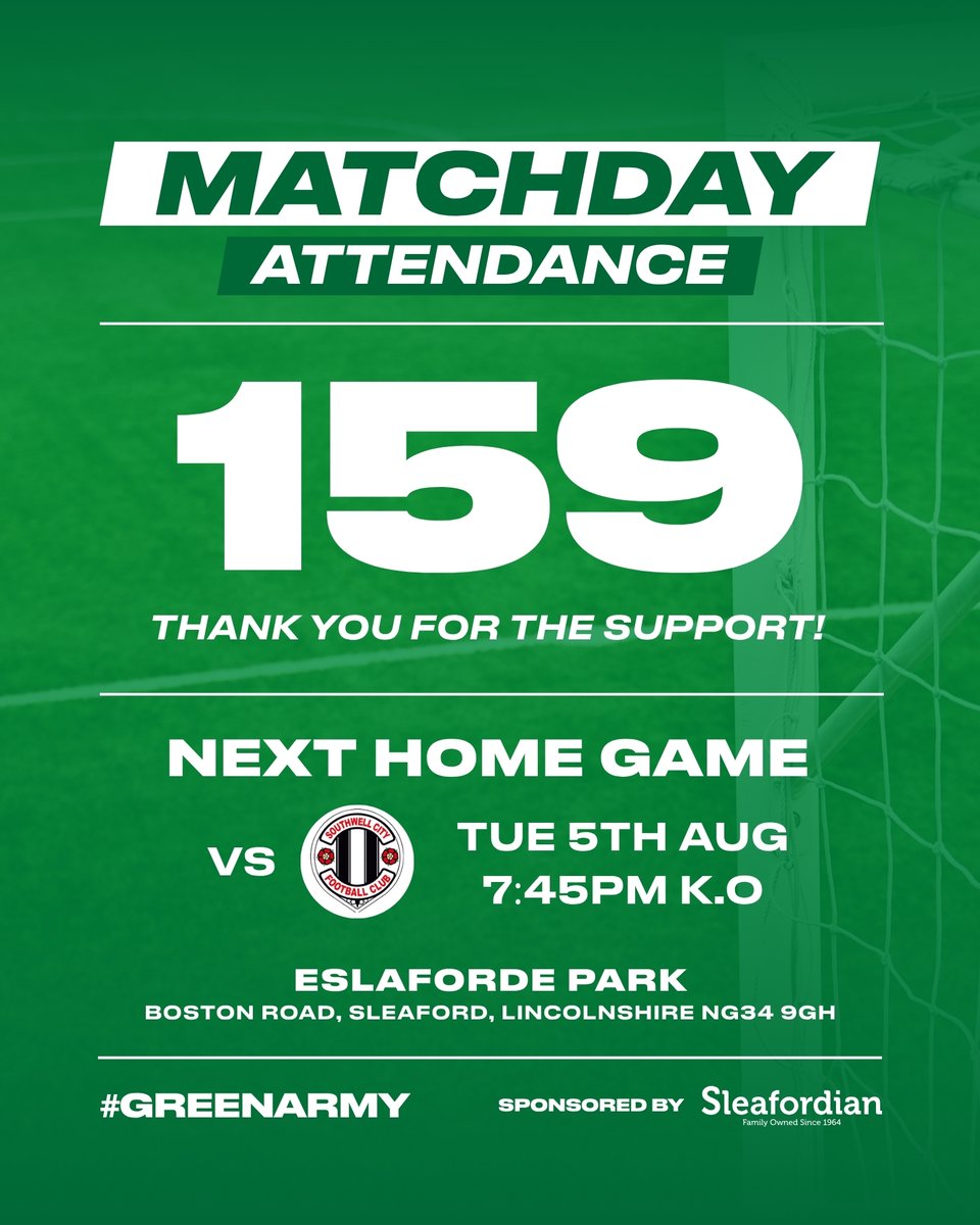 SleafordTownFC's tweet image. Thank you - Attendance: 159 π
159 of you joined us at Eslaforde Park for our season opener against Swallownest F.C. - thank you for your support!
We now have two away fixtures, but weβll be back at Eslaforde Park on Tues 5th August when we host Southwell City F.C.
#GreenArmy