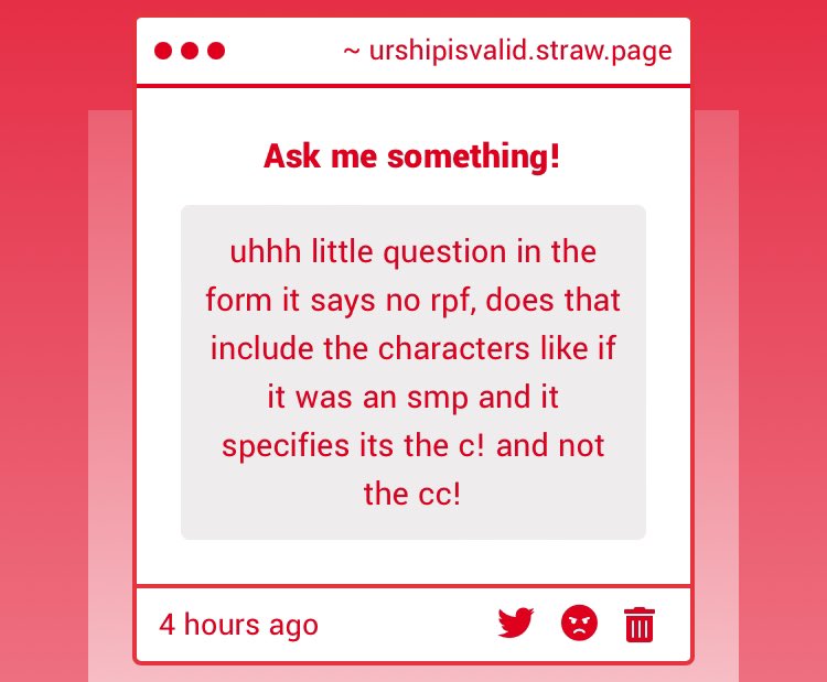 urshipisvalid's tweet image. ( strawpage )
You can submit smp characters as long as its the CHARACTER ITSELF and NOT the one playing them.