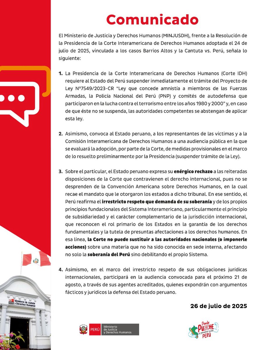 Muy bien el <a href="/MinjusDH_Peru/">Ministerio de Justicia y Derechos Humanos</a> al rechazar la insolente injerencia de la CIDH, defensora de terroristas y delincuentes. Pretenden decirle al Congreso y al Gobierno que leyes se pueden aprobar y cuales no, pisoteando la soberanía del país, como si fuéramos una colonia de la mafia
