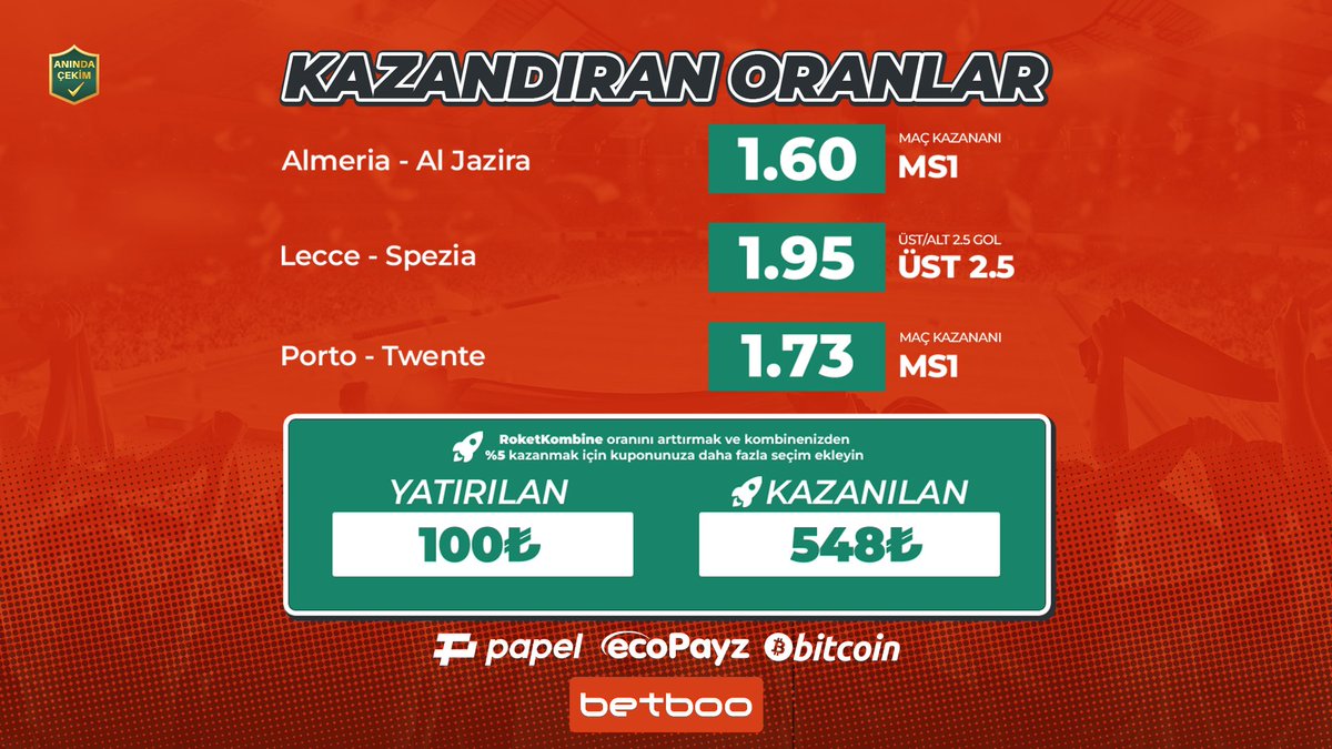 boonedirya's tweet image. 🔥 Betboo’da KOMBİNE BAHİSLER İLE GÜNÜN KUPONU!🔥
💰 Kombine bahislerinden elde edeceğin kazanç RoketKombine ile katlanacak! Her gün 3 veya üzeri seçimli kombine bahis yap, %100’e varan oranlarla ekstra nakit fırsatı kazan. RoketKombine ile kazancını göklere çıkart!
📳 Güncel…