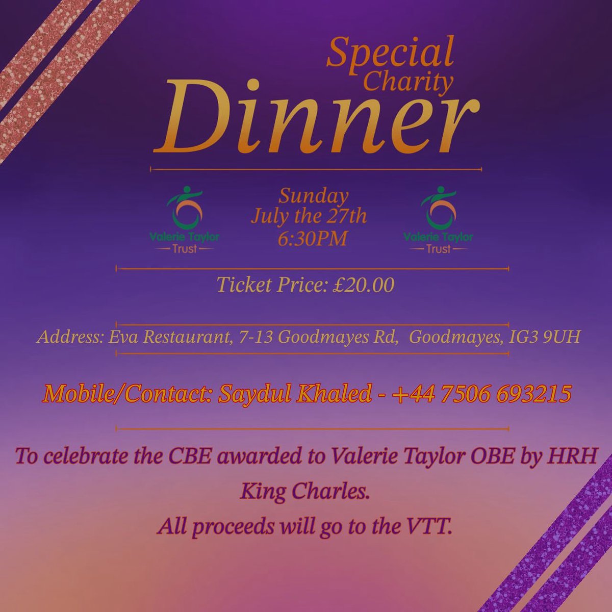 billybsm's tweet image. TONIGHT: Celebrate Valerie Taylor CBE, founder of CRP 🇧🇩, at our charity dinner in Goodmayes!

🕡 6:30PM | Eyva Restaurant
🎟️ £20 – Ticket
📞 +44 7506 693215

Come for the food. Stay for the inspiration. ✨ #CRP #ValerieTaylor #CharityDinner