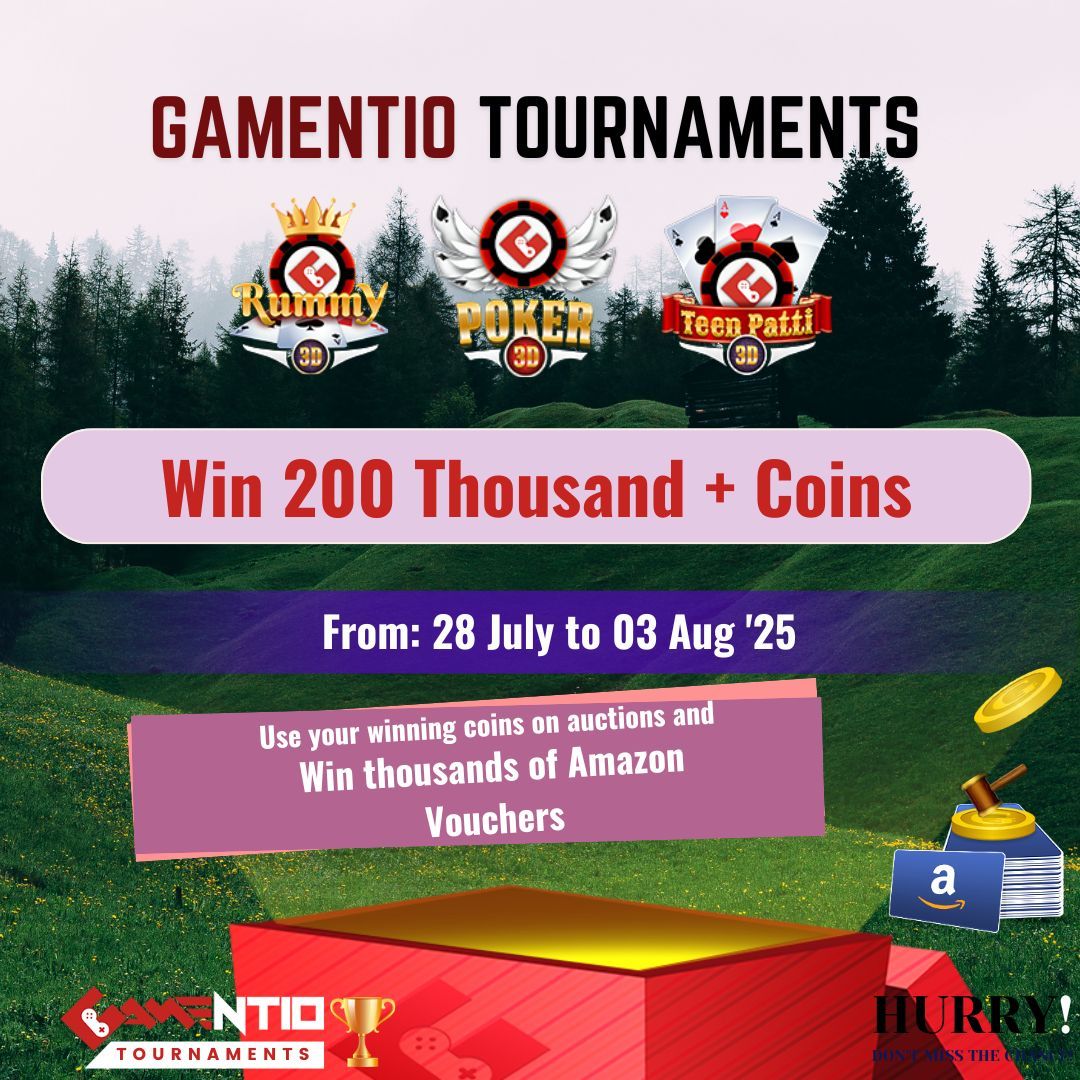 gamentio2's tweet image. Want to score big this week? Join Gamentio #monsoondhamaka, #Poker, #Rummy &amp;amp; #Teenpatti Tournament! Win 200k coins for exciting auctions. View the tournament schedule at bit.ly/2OXH7gC

#bidding #cardgame #onlinecasino #casinoonline #bid2win #AmazonVoucher