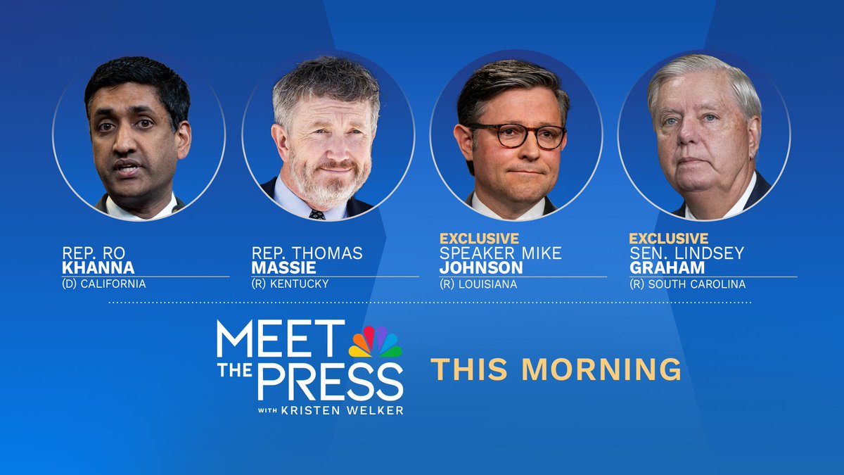 MeetThePress's tweet image. THIS MORNING on @MeetThePress with @kwelkernbc, interviews with:

➡ @RepRoKhanna (D-Calif.)

➡ @RepThomasMassie (R-Ky.)

➡ @SpeakerJohnson (R-La.)

➡ Sen. @LindseyGrahamSC (R-S.C.)