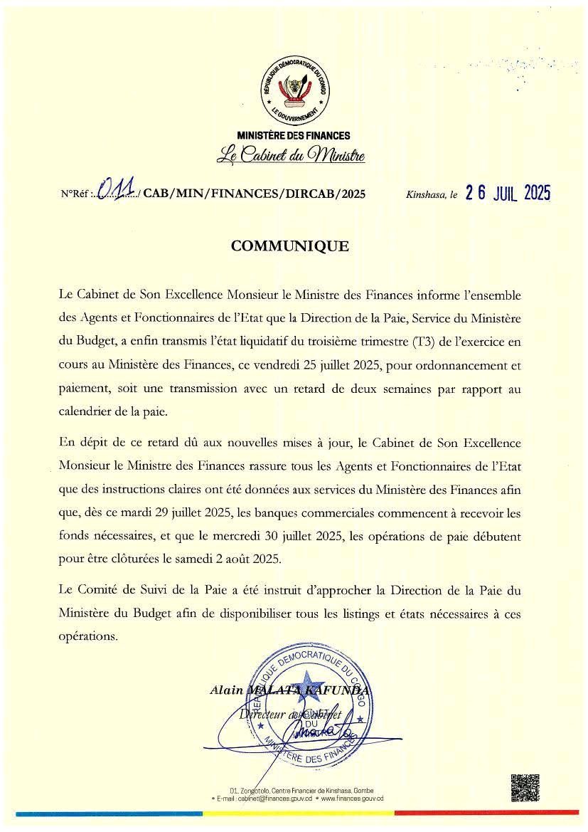 Echosnet (@mwenyif4) on Twitter photo 📍Selon le communiqué du ministère des Finances, le versement des salaires des fonctionnaires pour le mois de juin commencera le 30 juillet et se clôturera le samedi 2 août 2025.
Le Comité de Suivi a été instruit pour finaliser les opérations(...).
#RDC
<a href="/LikundeR/">Doudou R. FWAMBA LIKUNDE</a>
<a href="/financesrdc/">Ministère des Finances, RDC</a> 📍Selon le communiqué du ministère des Finances, le versement des salaires des fonctionnaires pour le mois de juin commencera le 30 juillet et se clôturera le samedi 2 août 2025.
Le Comité de Suivi a été instruit pour finaliser les opérations(...).
#RDC
<a href="/LikundeR/">Doudou R. FWAMBA LIKUNDE</a>
<a href="/financesrdc/">Ministère des Finances, RDC</a>