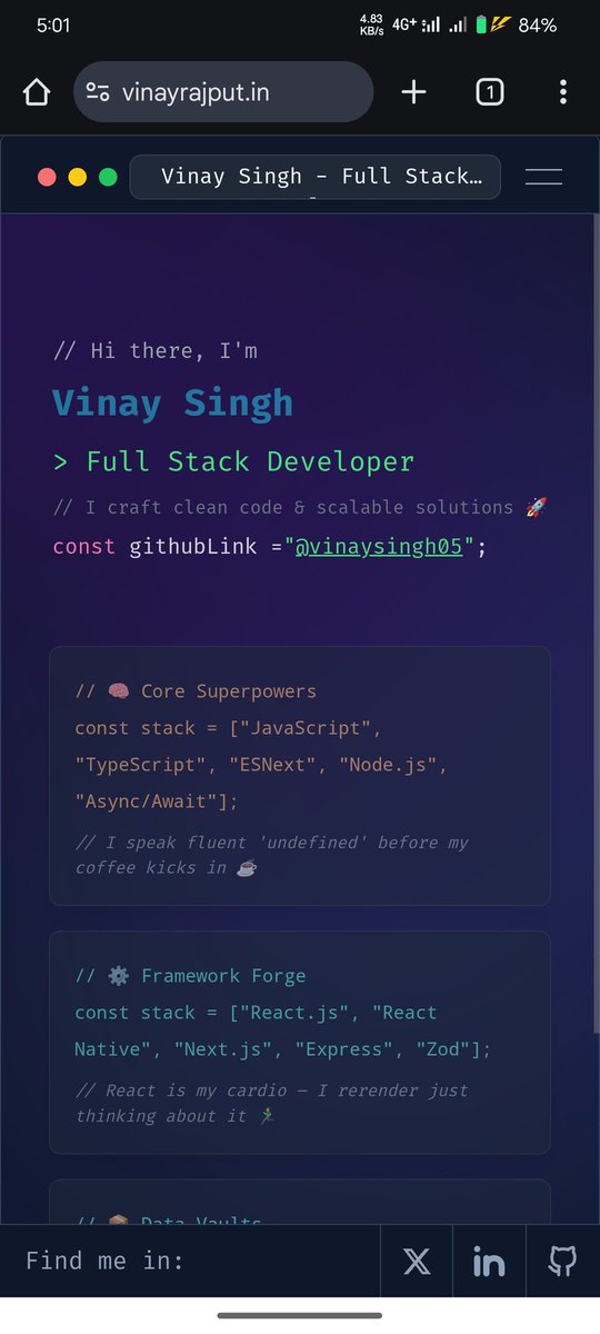 codewithvinay's tweet image. 🌐 Just launched my personal portfolio: vinayrajput.in 🚀

Check out my work, skills, and journey. Let’s connect &amp;amp; build something amazing! ⚡️

#Portfolio #WebDeveloper #SoftwareEngineer #ReactNative #JavaScript #Node

@Hiteshdotcom @piyushgarg_dev