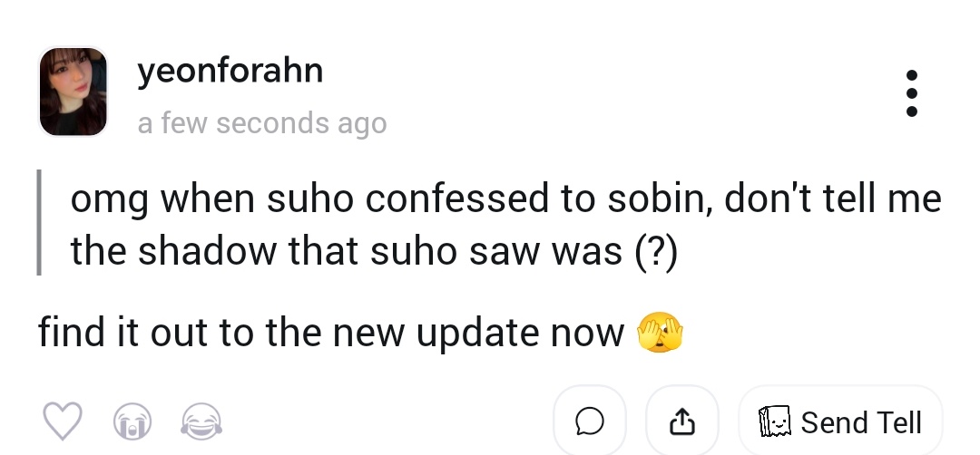 yeonforahn's tweet image. ❓ omg when suho confessed to sobin, don't tell me the shadow that suho saw was (?)
💬 find it out to the new update now 🫣 tellonym.me/yeonforahn/ans…