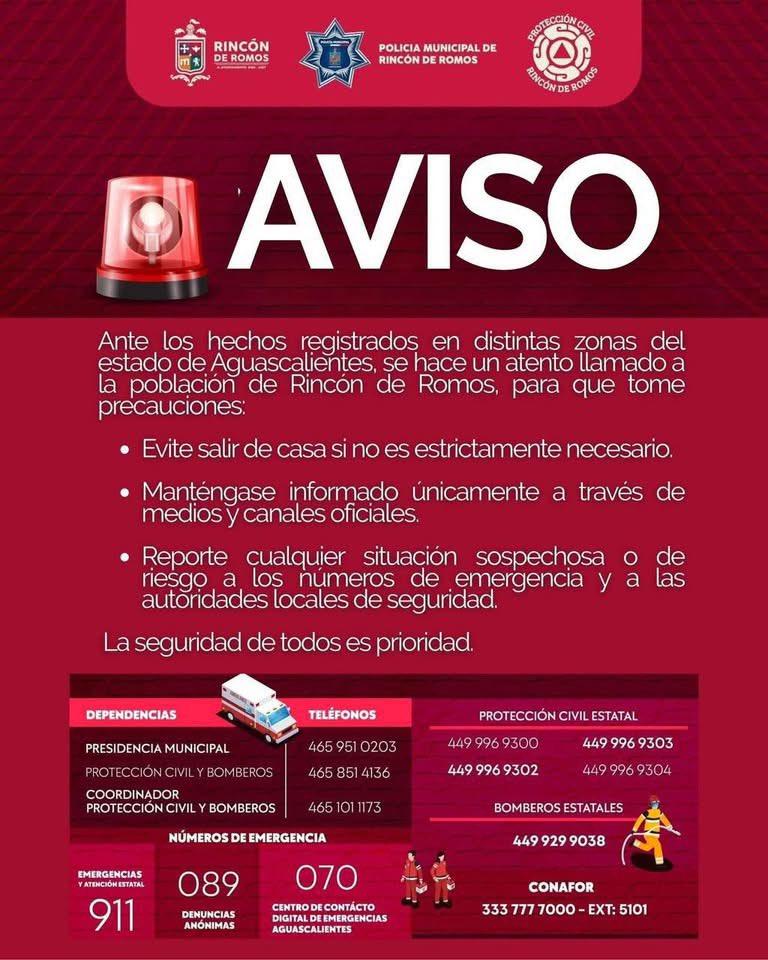 quierotvags's tweet image. Las autoridades de los municipios de El Llano y Rincón de Romos, en el estado de Ags, hacen un llamado a la población a no salir de casa, salvo que sea estrictamente necesario, y a mantenerse informada a través de los canales oficiales ante cualquier incidente.
#quierotvags