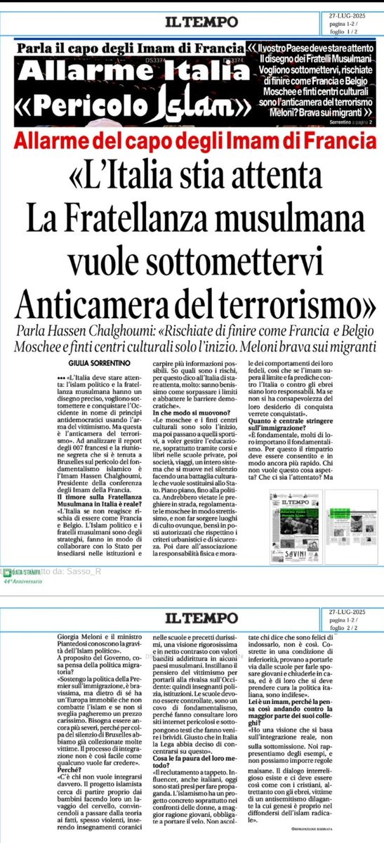 Oggi un articolo di <a href="/giuliasorre95/">Giulia Sorrentino</a> sulle pagine de 'Il Tempo' lancia un allarme sul pericolo del fondamentalismo islamico in Italia. A parlare non è la Lega, ma il Presidente della Conferenza degli Imam della Francia che mette in guardia il nostro Paese da ciò che rischia