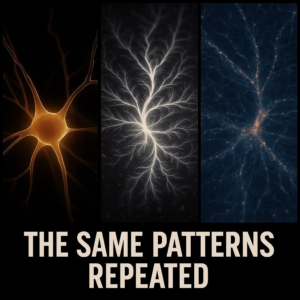 Look at these three images; a neuron, a mycelium network, and the cosmic web. Three scales so far apart they shouldn’t even rhyme, yet they do. The brain that thinks, the earth that breathes, and the universe that holds it all together, they seem to share the same design.