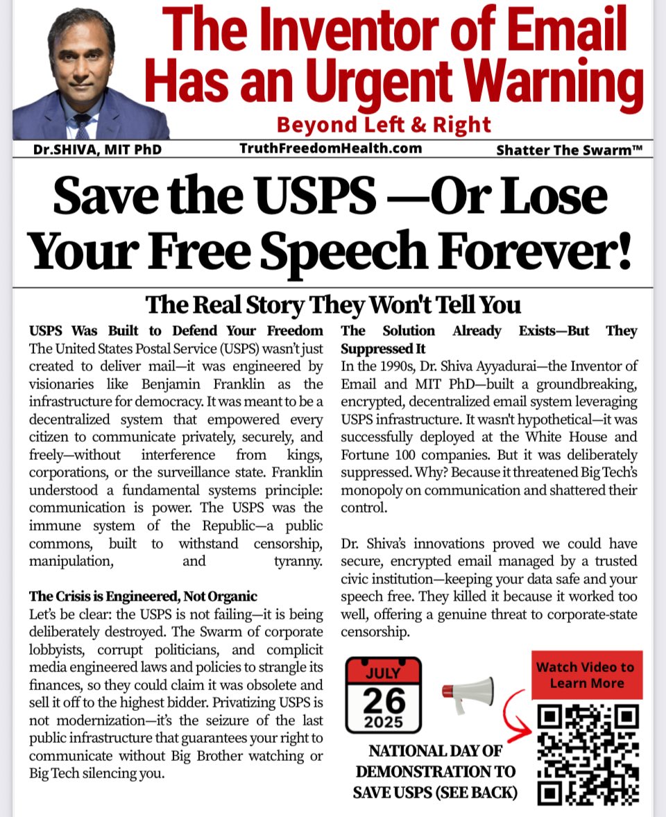 morrowfcs's tweet image. Dr. Shiva™️: MIT PhD, Inventor of Email Has Urgent Warning
Save the USPS - Or Lose
Free Speech Forever!
Fmr. @USPS worker and TruthFreedomHealth.com Warrior-Scholar provides perspective on why today’s #SaveTheUSPS is important for #FreeSpeech
&va_shiva
youtu.be/Gr8RwroVxeE?si…