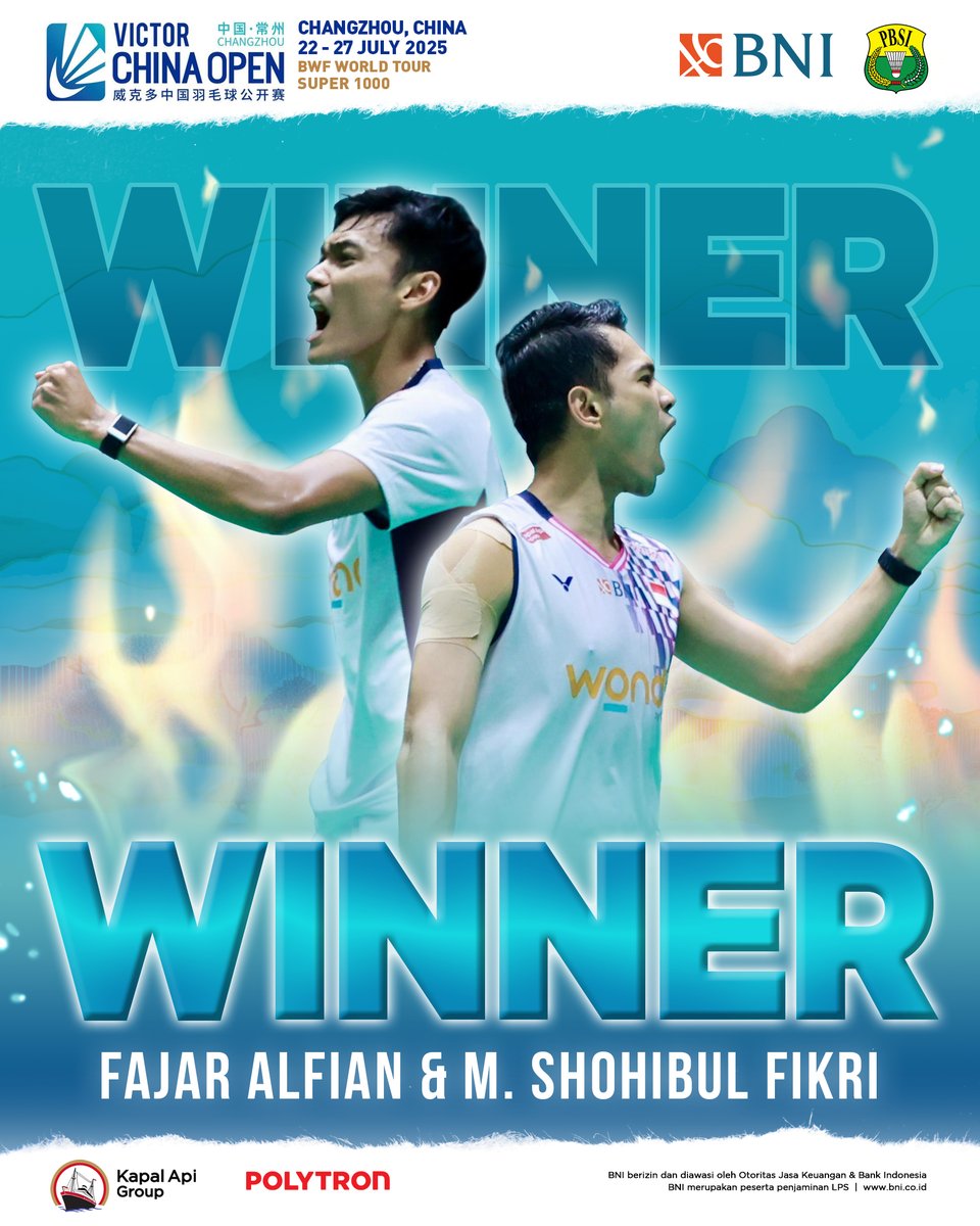 INABadminton's tweet image. Fajar/Fikri menjadi kampiun China Open 2025 dengan cara luar biasa.

Tidak kehilangan satu game pun dari babak pertama sampai final, bahkan saat menghadapi pasangan top dunia.

Berikut rekap pertandingannya:
R32 vs Choong Hon Jian/Muhammad Haikal (Malaysia) 21–11, 21-10
R16 vs…