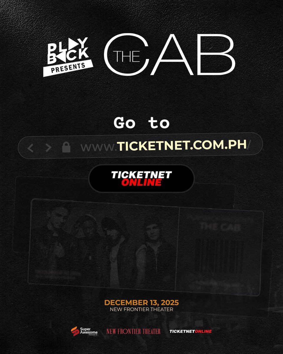 playback_fest's tweet image. Want tickets for Playback Presents: The Cab? Here&apos;s how! 🙌

Make sure to secure your seat before slots run out! Just go to ticketnet.com.ph/event-detail/T… and let&apos;s create a night to remember this December 13!

#PlaybackPresents #TheCabLiveInManila