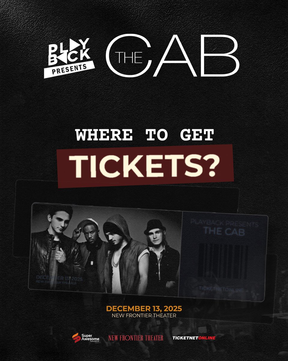 playback_fest's tweet image. Want tickets for Playback Presents: The Cab? Here&apos;s how! 🙌

Make sure to secure your seat before slots run out! Just go to ticketnet.com.ph/event-detail/T… and let&apos;s create a night to remember this December 13!

#PlaybackPresents #TheCabLiveInManila
