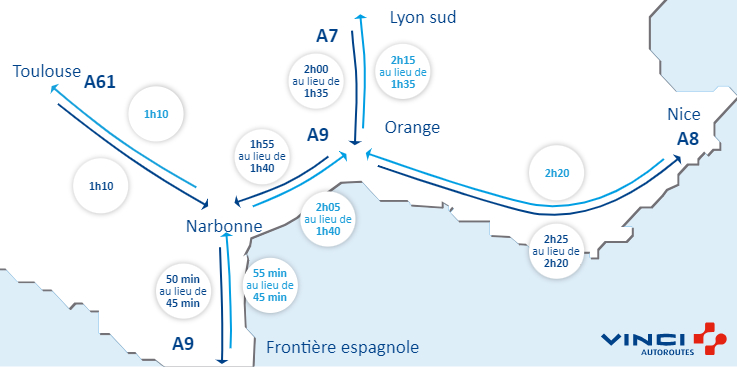 VINCIAutoroutes's tweet image. #Infotrafic à 13h35 ⏱️ Vos temps de parcours sur @A7Trafic, @A8Trafic, @A9Trafic et @A61Trafic. #BienVoyager