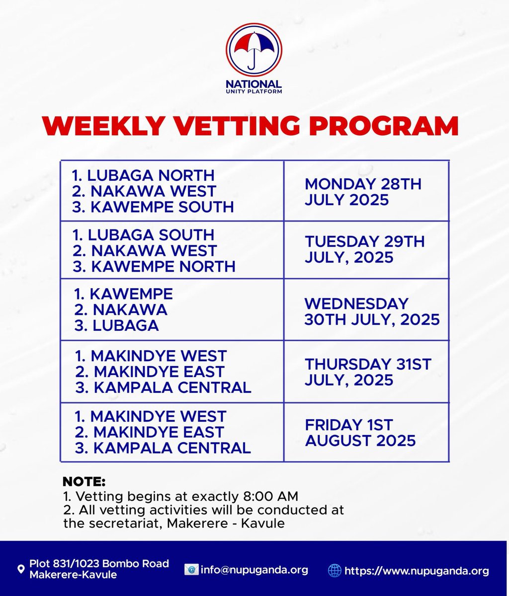 MercyAlupo's tweet image. Our vetting process starts tomorrow at the party headquarters of @NUP_Ug in Kavule.
Mine shall be between 20th to 27th of August
In the mean time we still spread our message of hope for a better Uganda
#ProtestVoteUg2026