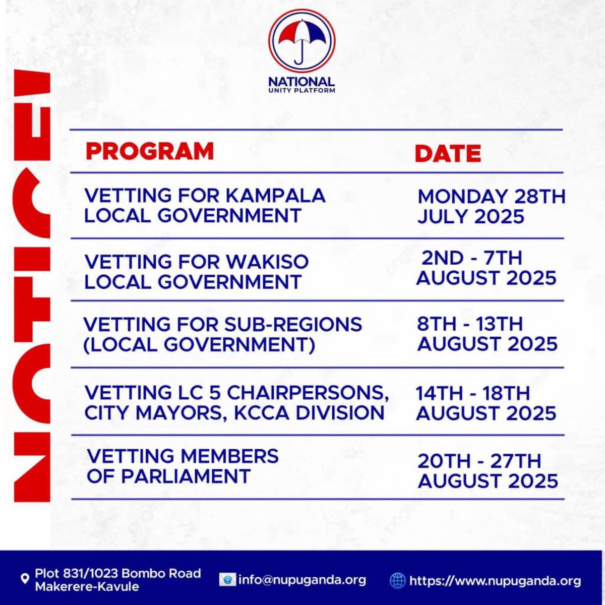 MercyAlupo's tweet image. Our vetting process starts tomorrow at the party headquarters of @NUP_Ug in Kavule.
Mine shall be between 20th to 27th of August
In the mean time we still spread our message of hope for a better Uganda
#ProtestVoteUg2026