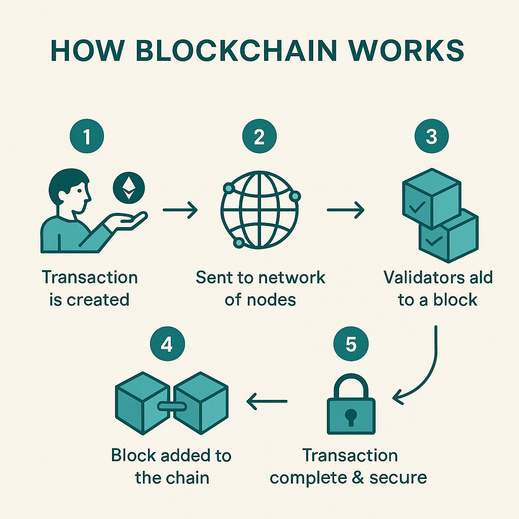 CrewsphereCTU's tweet image. How does blockchain actually work? ๐ค
When you send crypto, hereโs what happens:
1๏ธโฃ Transaction is created
2๏ธโฃ Sent to a network of nodes
3๏ธโฃ Validators group it into a block
4๏ธโฃ Block is added to the chain
5๏ธโฃ Your data is now secure & public forever
#Blockchain #Web3 @icphub_IN