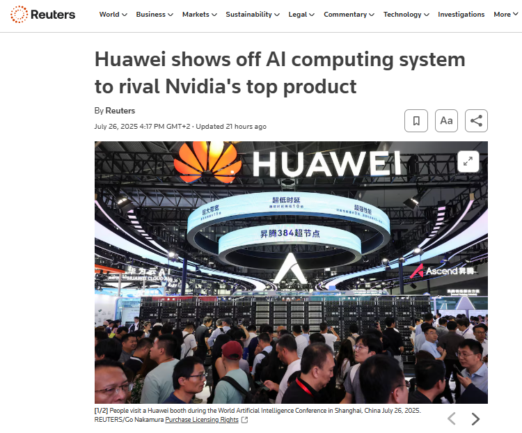 TechFreakOnline's tweet image. Huawei shows off AI computing system to rival Nvidia&apos;s top product.

Nvidia CEO Jensen Huang emphasized in a Bloomberg interview that Huawei is moving at a rapid pace. 

#Huawei #CloudMatrix384