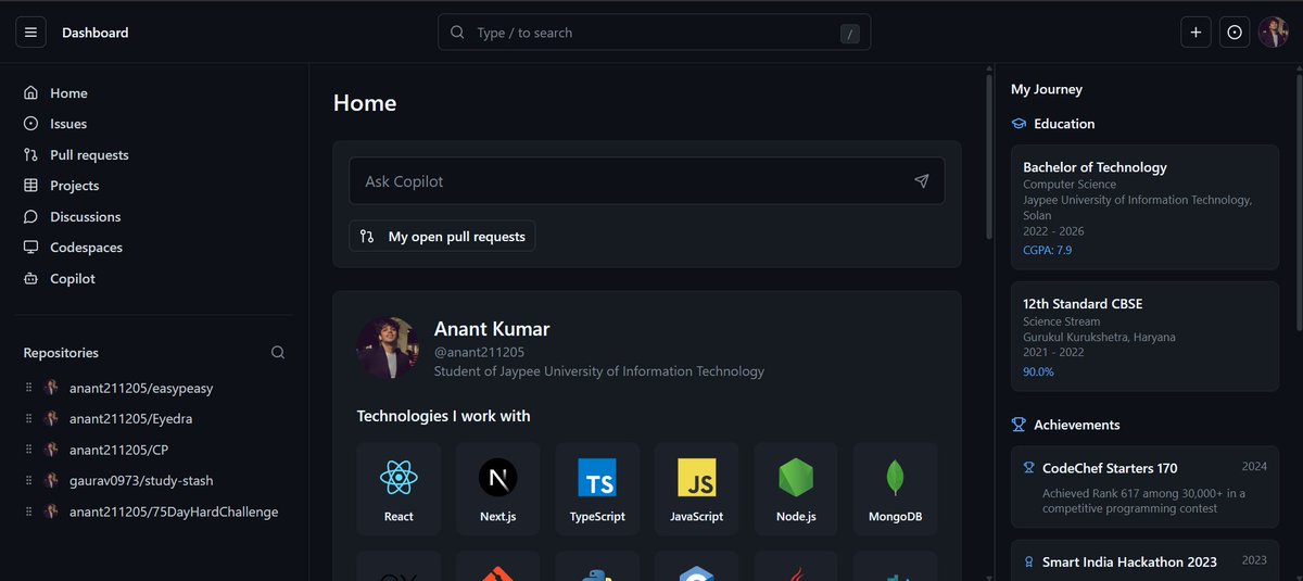 itsanant_'s tweet photo. Redesigned my portfolio UI 

CHECK OUT https://t.co/PDVzh2nLKU
 
@github @Microsoft @ChaiCodeHQ @Hiteshdotcom 
@Google @nextjs @vercel @shadcn 

#engineerlife  #Building https://t.co/GLfoNHZZUM