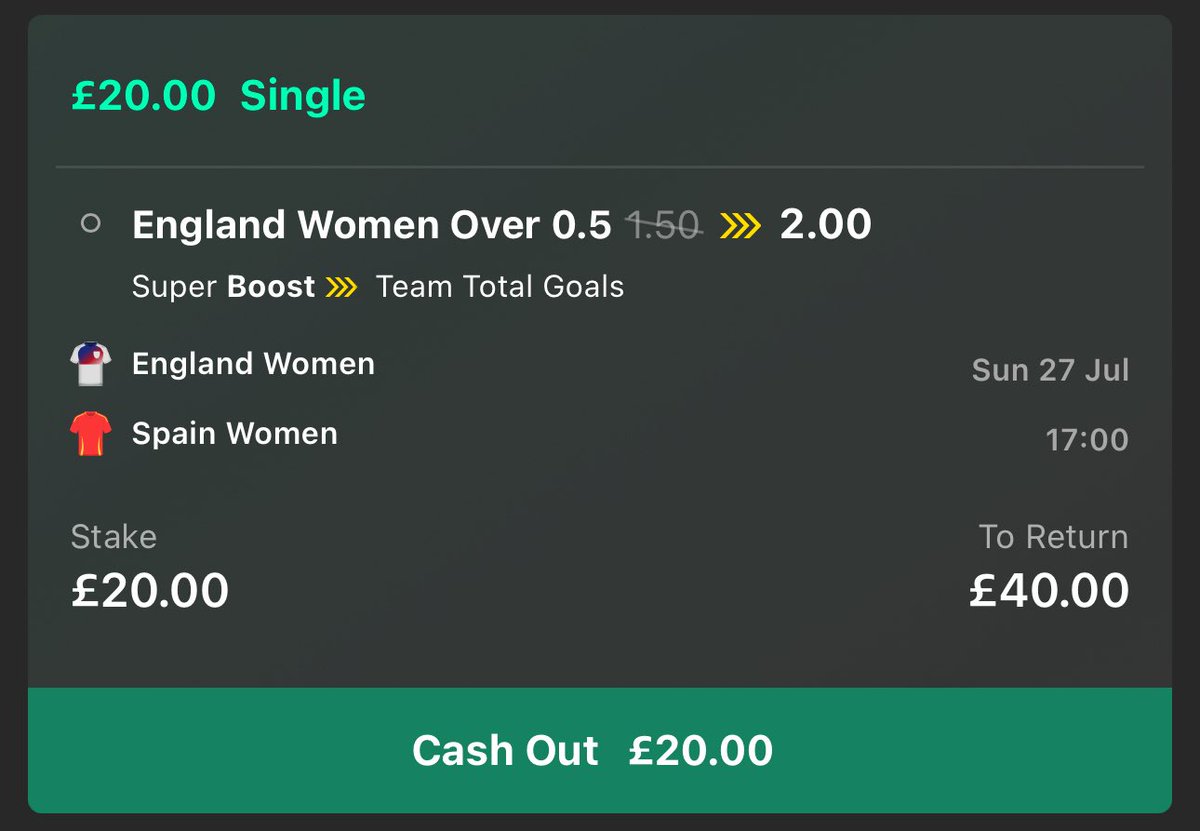 😍 £40 CASH GIVEAWAY!!!

I’m backing the HUGE super boost on bet365 for England W v Spain W in the Euros Final…

If the bet wins I’ll giveaway…

£20 to someone who RTs this 🔁
£20 to someone who LIKES this ❤️

COME ON ENGLAND 🏴󠁧󠁢󠁥󠁮󠁧󠁿🤞