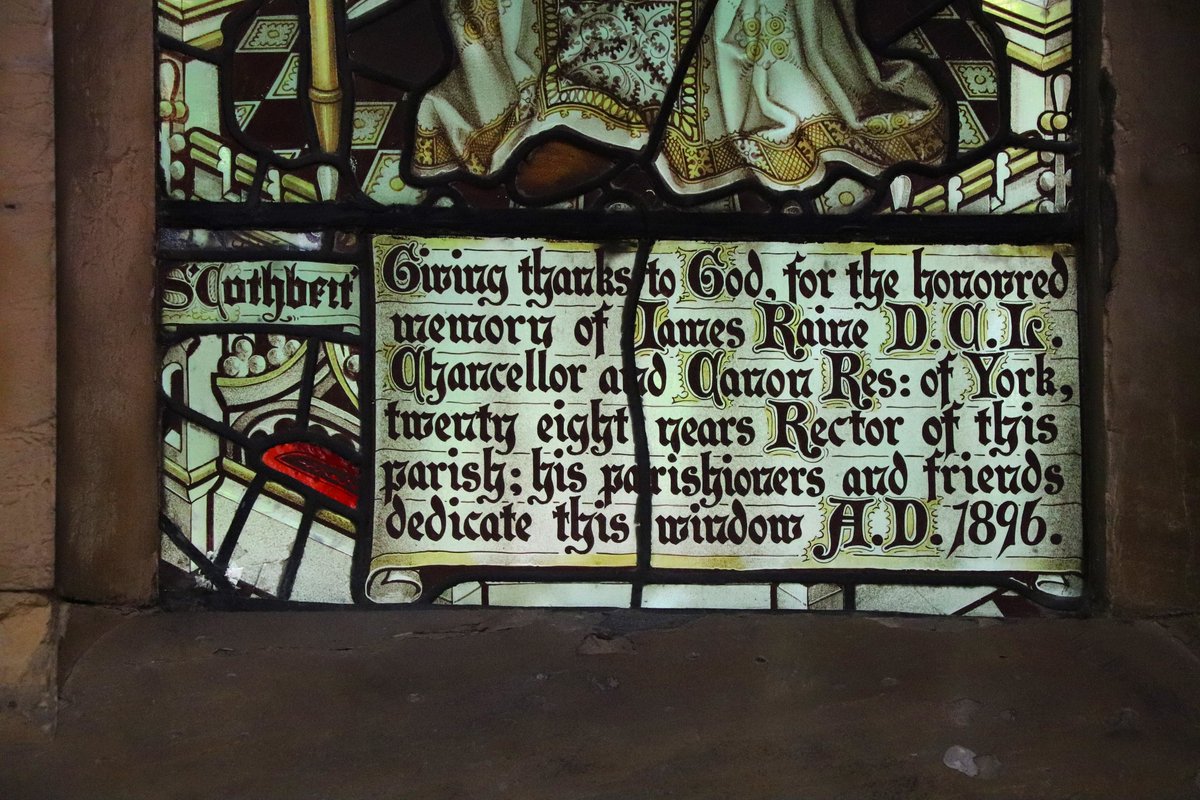 TyneSnapper's tweet image. #York All Saints Pavement York Raine Window by Kempe.
Saints Aidan of Lindisfarne, Paulinus (first Bishop of York) and Cuthbert (holding St Oswald's head).
Reverend James Raine, Chancellor and Canon of York and Rector of the Parish for 28 years. Also a well known archaeologist.