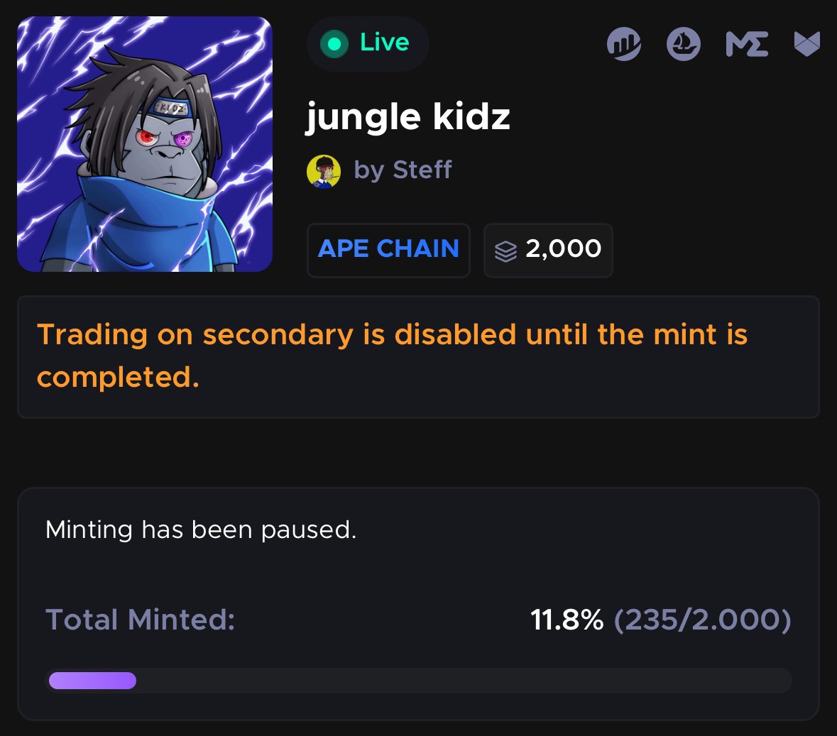 Gm ApeChain 

„Minting has been paused.“ <a href="/bleverxyz/">Blever</a> 

Price reducing wasn’t a good move yesterday! 

Bigger changes are coming … 

Those who have minted &amp; <a href="/junglekingz_/">JUNGLE KINGZ</a> holders get rewarded 💙 

Let’s make it a big and powerful 
RE-LAUNCH 🔥🔥 stay tuned!