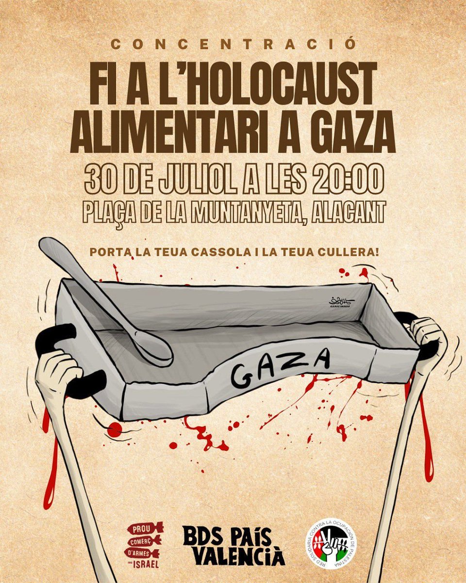 COS_Horta's tweet image. Hui 27 d juliol a les 20h a la plaça del País Valencià davant l'ajuntament d València i a la plaça de la muntanyeta d'Alacant no hi podem faltar x exigir una vegada més la fi d l'holocaust del poble palestí a Gaza!
Posem-li fi al genocidi palestí pels nazisionistes!