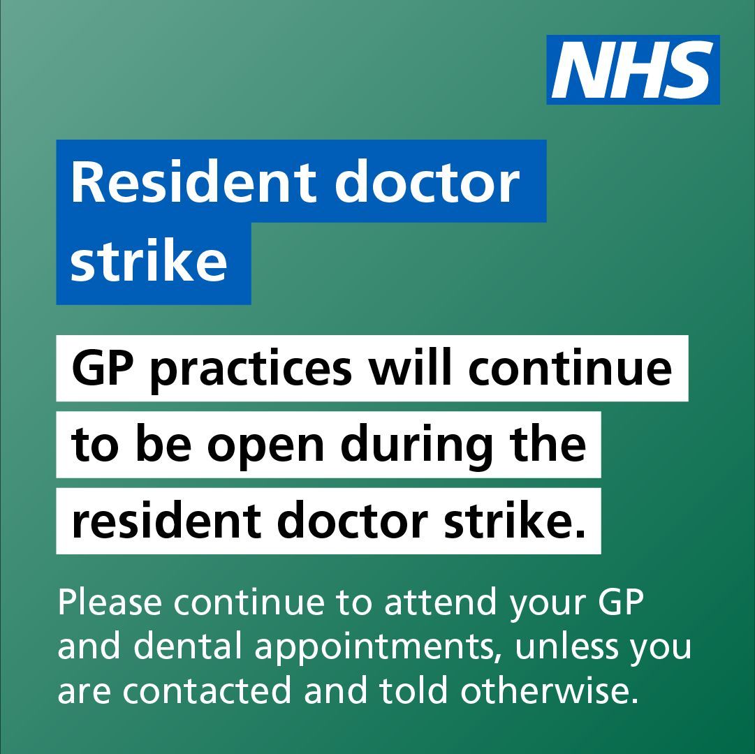 CHFTNHS's tweet image. Your GP practice will be open during the resident doctors’ strike this week but they may be short staffed. 

Please attend any booked appointments unless you are contacted and please be patient if you are booking a new appointment.