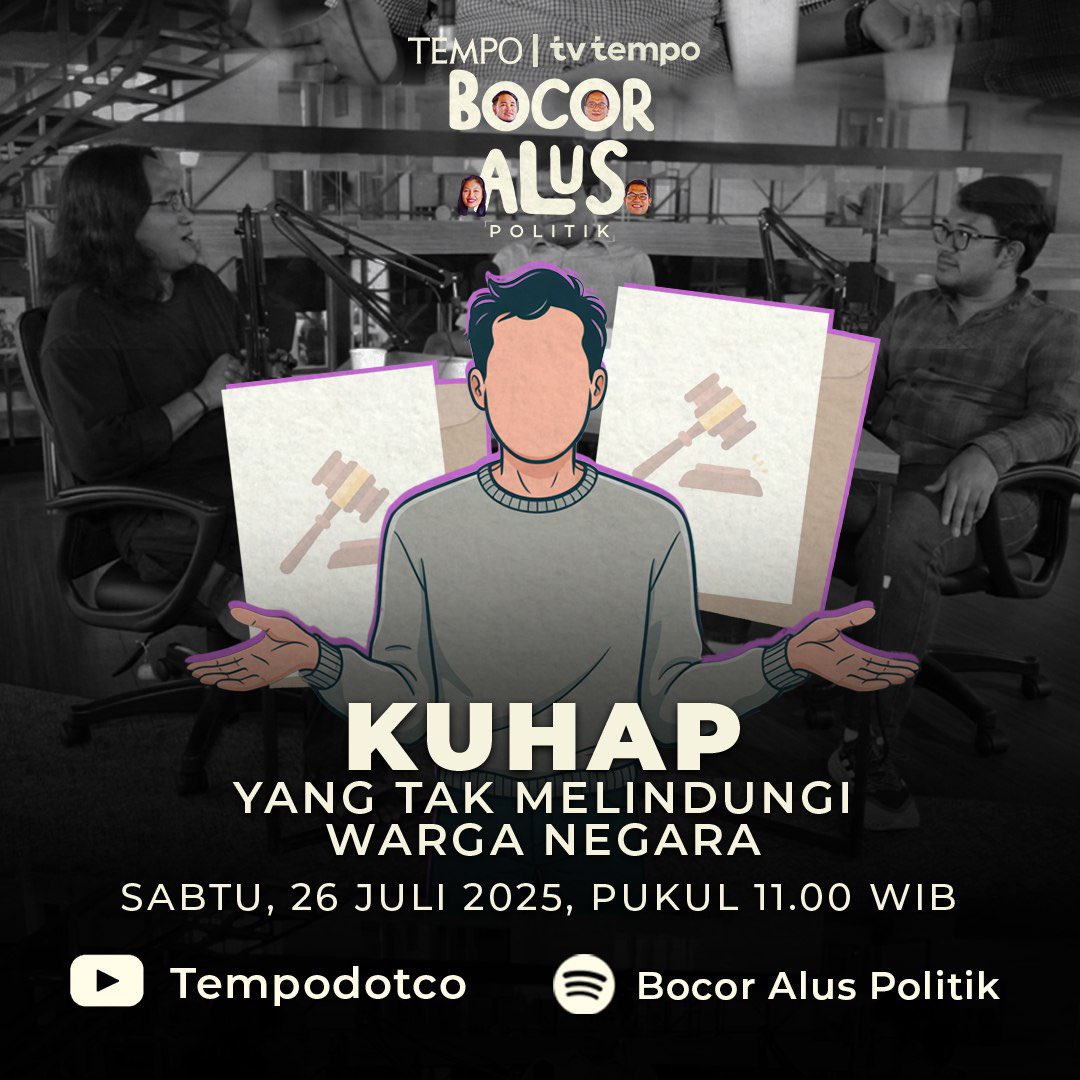 tempodotco's tweet image. KUHAP yang Tak Melindungi Warga Negara
Revisi KUHAP (Kitab Undang-Undang Hukum Acara Pidana) dinilai tak memberi perlindungan terhadap warga negara. Sudah banyak korban berjatuhan.
Simak selengkapnya Program Bocor Alus Politik di Channel Youtube Tempodotco dan Spotify…
