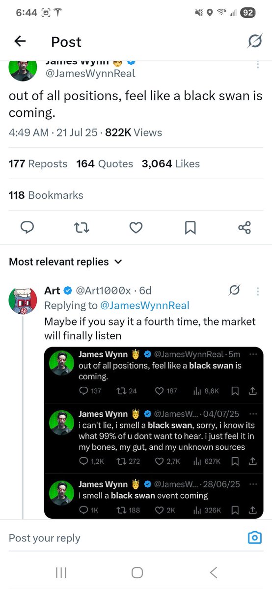 SithHaters's tweet image. Never seen a more bi-polar display of degenerate gambling in my life.
Bro, not hours apart, flips his narrative (good too because it was dead ass wrong and I called him out over it 😂, what a joker)
@JamesWynnReal "BLACK SWAN, OMG WE ARE ALL GUNNA DIE!!"
Also @JamesWynnReal…