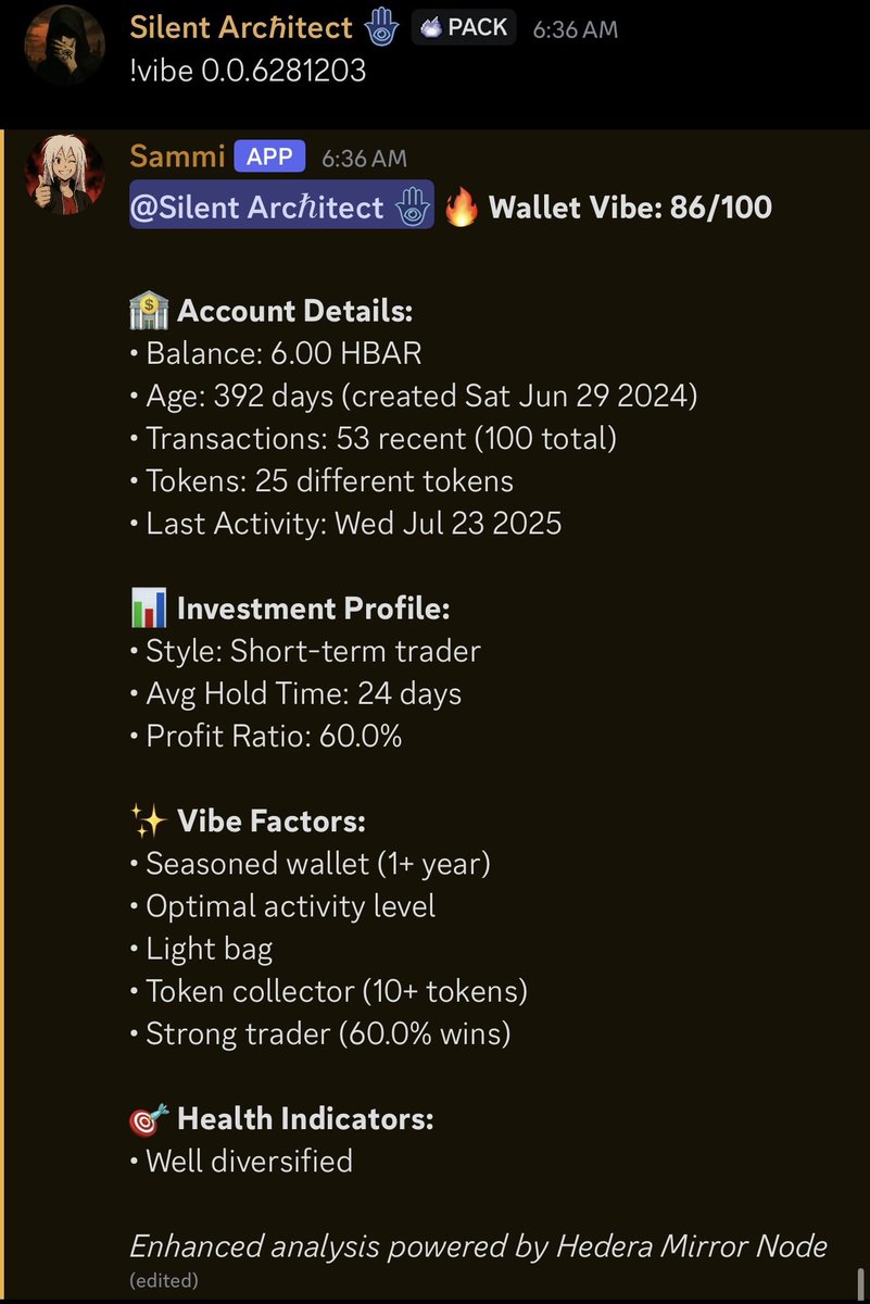 NondualAF's tweet image. GM $HBAR ☕️
Oh you didn't know? @SammiHbar now has her wallet scan utility available in beta via Discord server. It's just a little vibe check for the ecosystem 🦾👩🏻🦳
discord.gg/bW7Y88Cf69