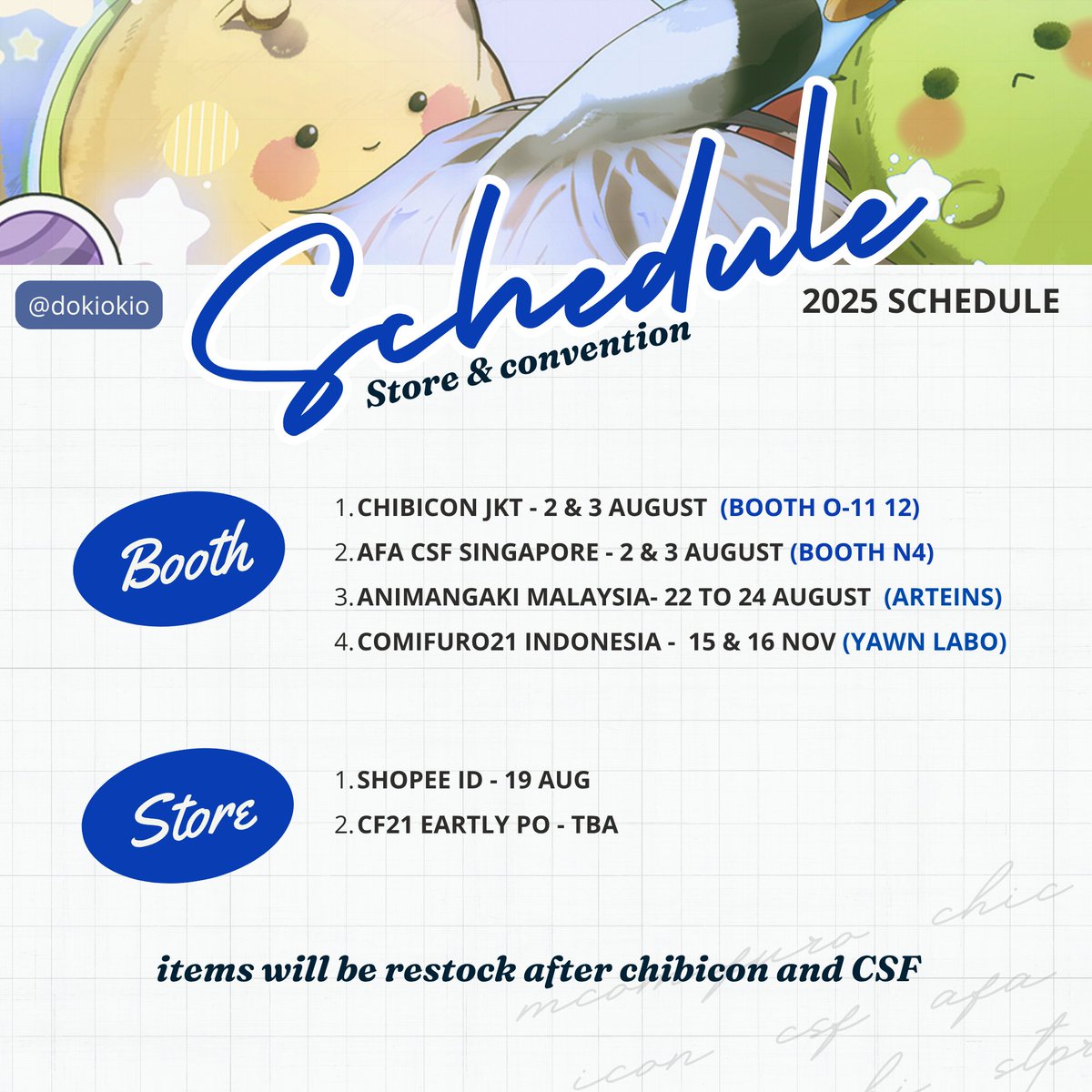 dokiokio's tweet image. For AFA #AFACSF2025, only PO (Pre order) pickup will be available😢
and some of my products are not displayed at the booth, if you want to buy dokiokio's product please ask my boothmate Eints "(product name) by dokiokio"