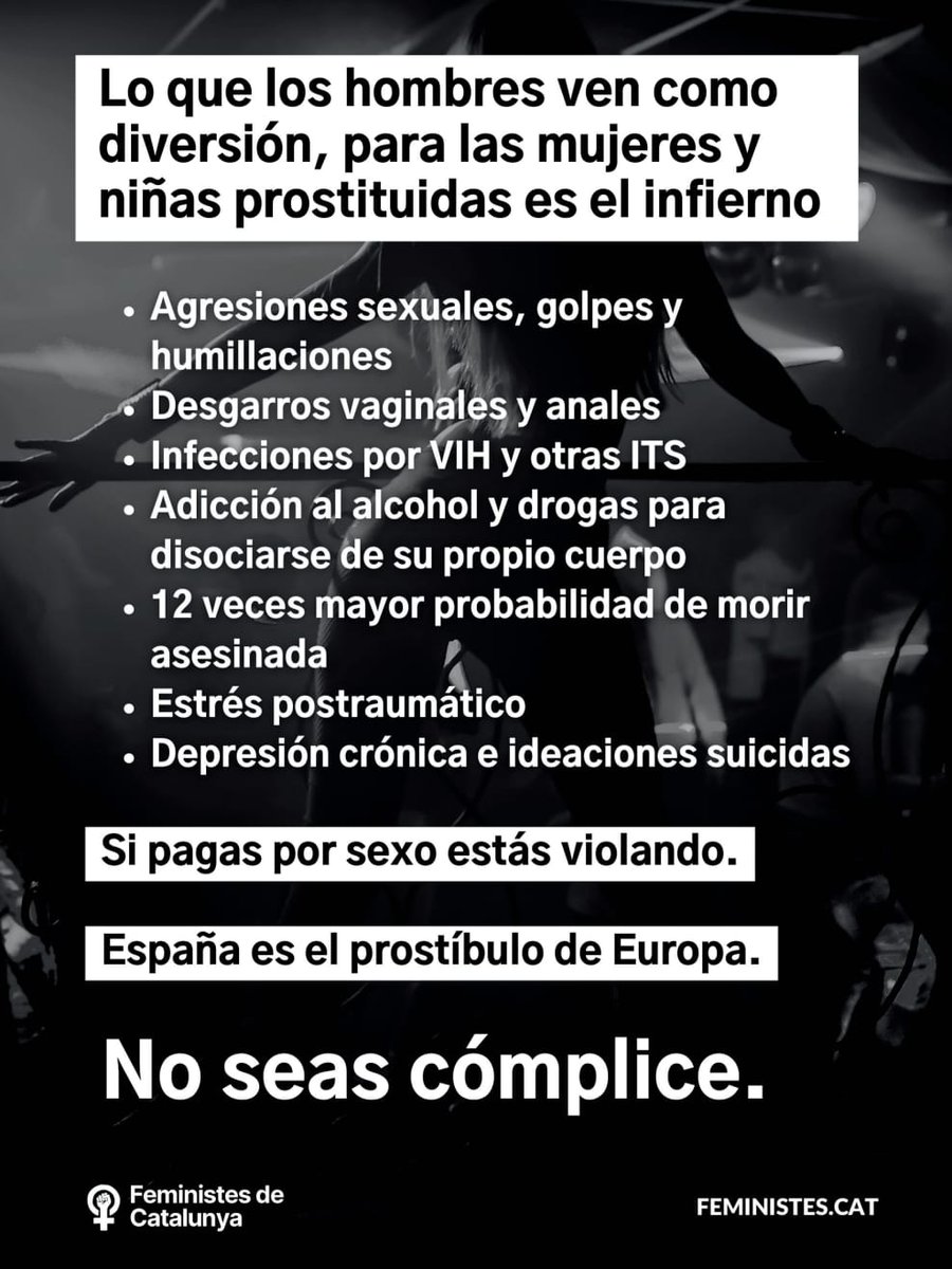 El "ocio" de los puteros es el infierno de las mujeres y niñas prostituidas. España es el prostíbulo de Europa.

Para satisfacer la demanda de tanto putero surge el negocio criminal del sistema prostitucional internacional; misógino, racista y clasista.
#SeñalaAlPutero #Abolición