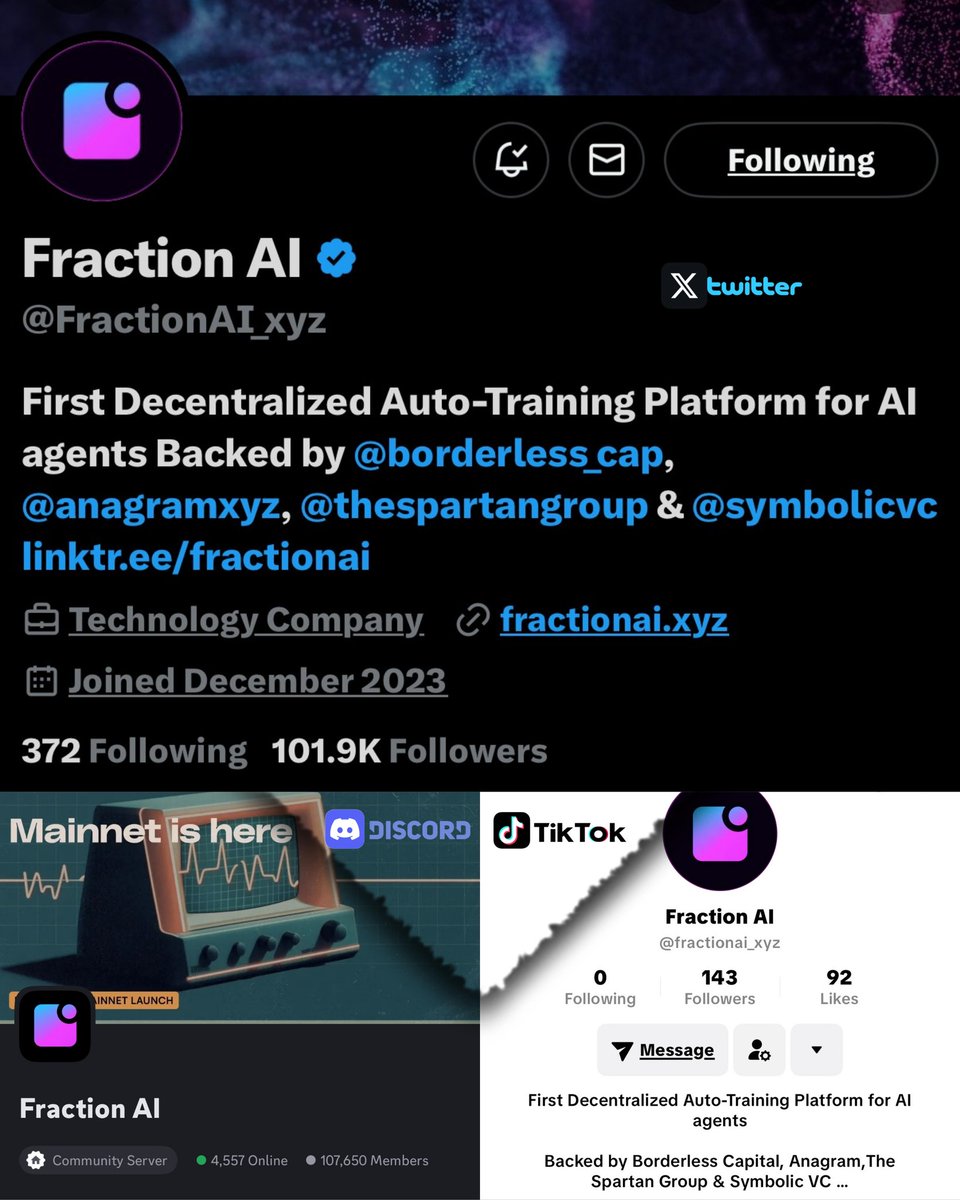 SayemChowd33356's tweet image. 📢 Stay connected with Fraction AI across all Social Media platforms to follow the future of decentralized AI ⬇️

🐦 Twitter/X: @FractionAI_xyz

🔗 Discord: discord.gg/fractionai

🧠 TikTok: tiktok.com/@fractionai_xy…

🌐 Website: fractionai.xyz

Big things are happening.