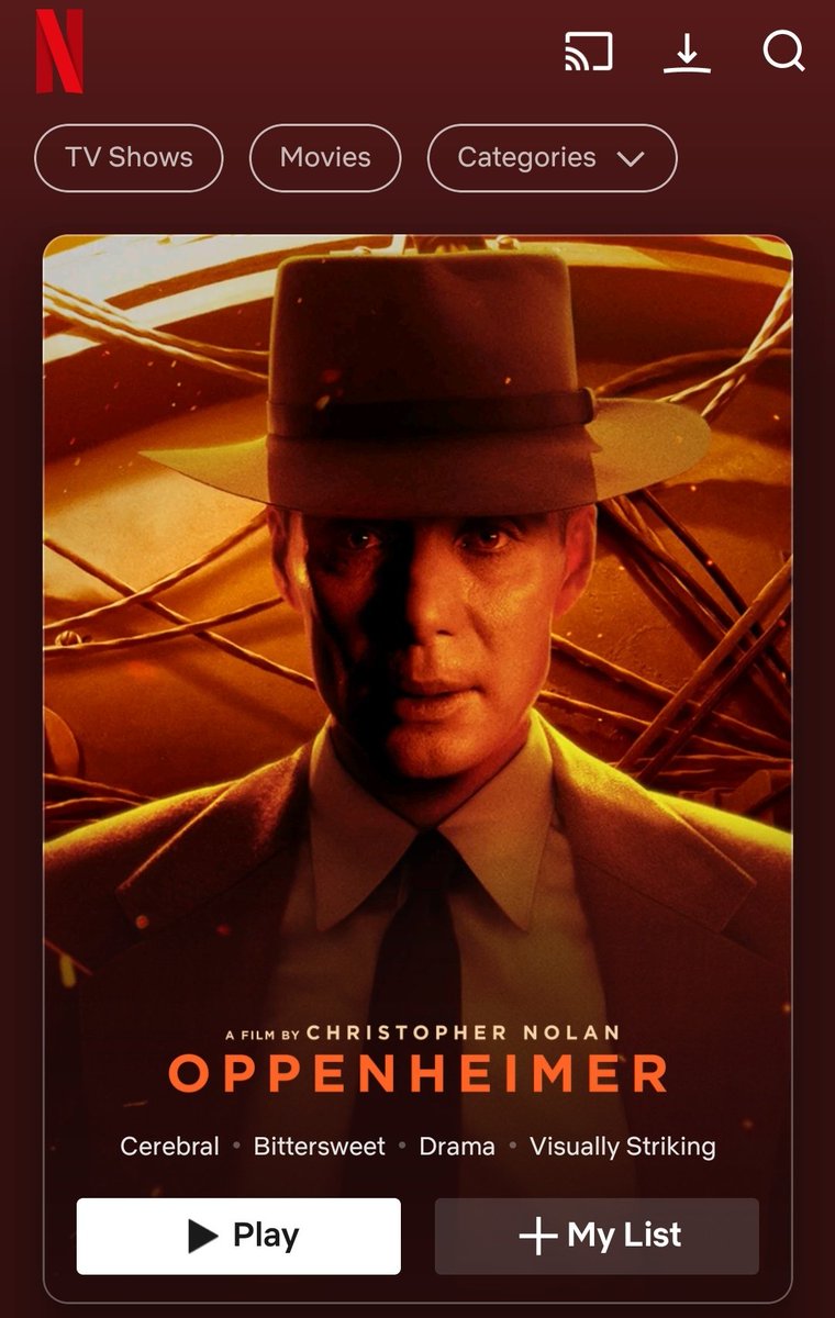 dibyendux's tweet image. Just watched Oppenheimer on @NetflixIndia and it was phenomenal! The acting, background score, and direction were all top-notch. A must-watch movie for everyone!