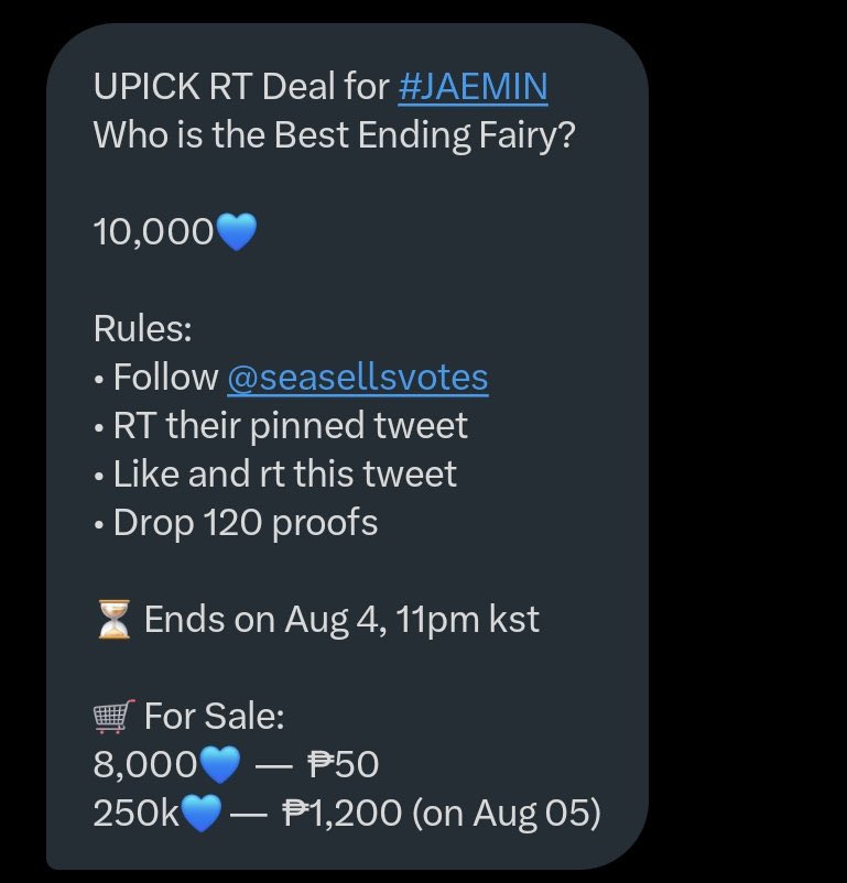 jaemeisten's tweet photo. UPICK RT Deal for #JAEMIN
Who is the Best Ending Fairy?

10,000💙

Rules:
• Follow @seasellsvotes
• RT their pinned tweet
• Like and rt this tweet
• Drop 120 proofs

⏳ Ends on Aug 4, 11pm kst

🛒 For Sale:
8,000💙  —  ₱50
250k💙 —  ₱1,200 (on Aug 05) https://t.co/rCHy0Ex6Ei