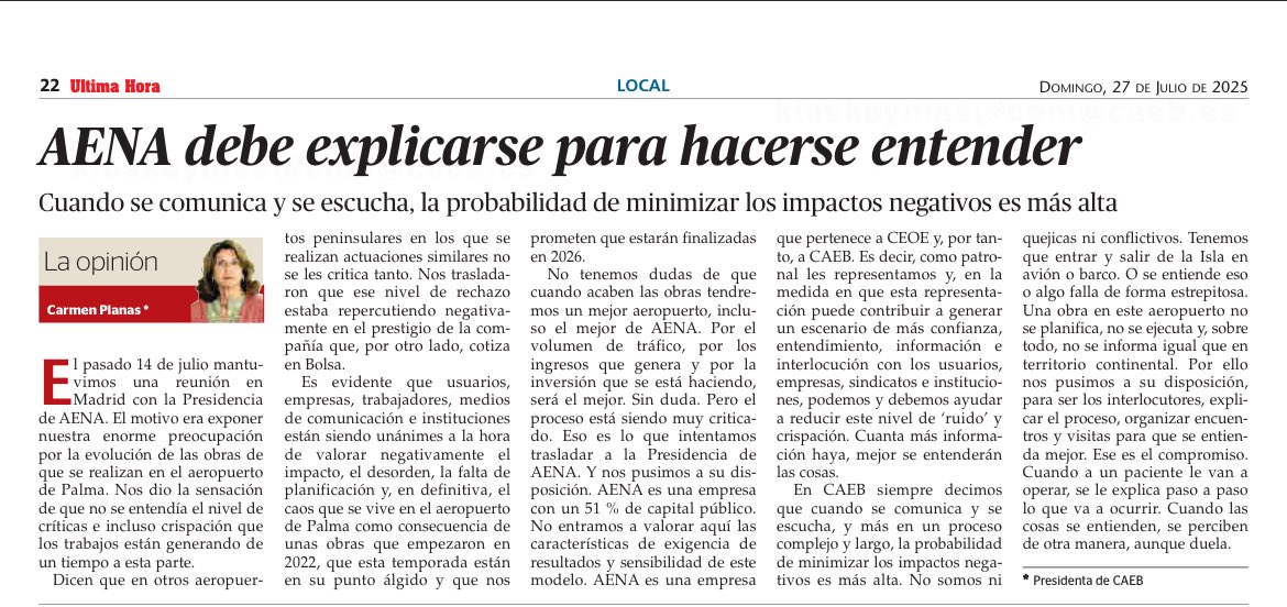 Carmen Planas (@carmenplanas) on Twitter photo Comparto mi articulo de hoy en <a href="/UHmallorca/">Ultima Hora Mallorca</a> ‘AENA debe explicarse para hacerse entender’
“Cuando se comunica y se escucha, la probabilidad de minimizar los impactos negativos es más alta”
ultimahora.es/opinion/tribun… Comparto mi articulo de hoy en <a href="/UHmallorca/">Ultima Hora Mallorca</a> ‘AENA debe explicarse para hacerse entender’
“Cuando se comunica y se escucha, la probabilidad de minimizar los impactos negativos es más alta”
ultimahora.es/opinion/tribun…
