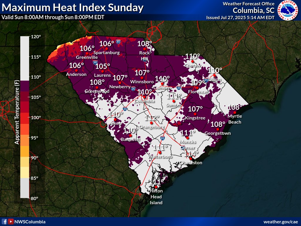 SheaGibsonWx's tweet image. ***Extreme Heat Warning for all of Coastal to inland SC***
High air temps are expected to reach 100-102° just inland and west, with upper 90's immediate coast.
Peak heat indices will range between 108-112°F within the Heat Advisory area and 112-116°F within the Extreme Heat…