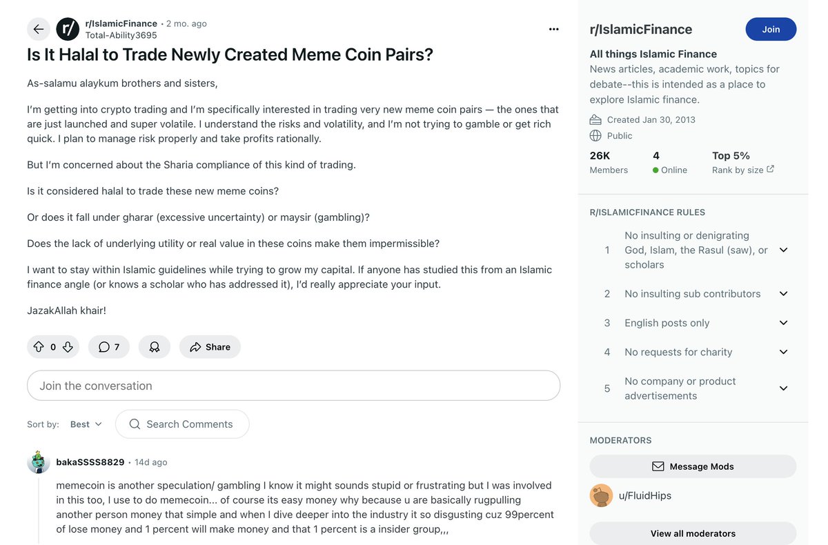 LeanOnBonk's tweet image. So many of my muslim friends ask
"Is trading new pairs Halal"
Its also a big topic on Reddit. The muslim community is a huge part of Crypto, Lets Show them That Scanning new pairs is NOT Halal, By pushing this to $1M
#ONBOARDMUSLIMS
reddit.com/r/IslamicFinan…