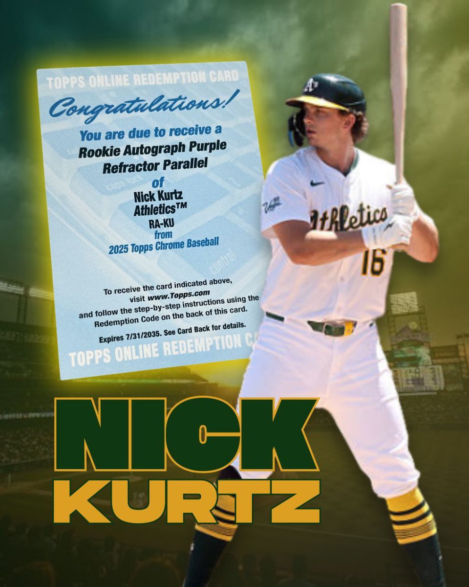 BoxLms's tweet image. 🔥 HUGE PULL ALERT 🔥
You’re looking at a 2025 Topps Chrome Baseball Redemption for a Nick Kurtz Rookie Autograph Purple Refractor Parallel! 💎💜
💥 Oakland Athletics Future Star
🟣 Purple Refractor Parallel = 🔥
📦 Redemption valid until 7/31/2035
Don’t sleep on this one — the…