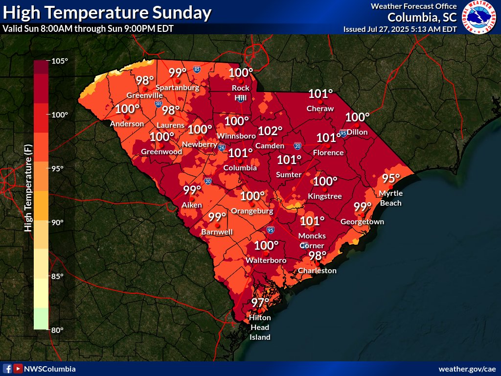 SheaGibsonWx's tweet image. ***Extreme Heat Warning for all of Coastal to inland SC***
High air temps are expected to reach 100-102° just inland and west, with upper 90's immediate coast.
Peak heat indices will range between 108-112°F within the Heat Advisory area and 112-116°F within the Extreme Heat…