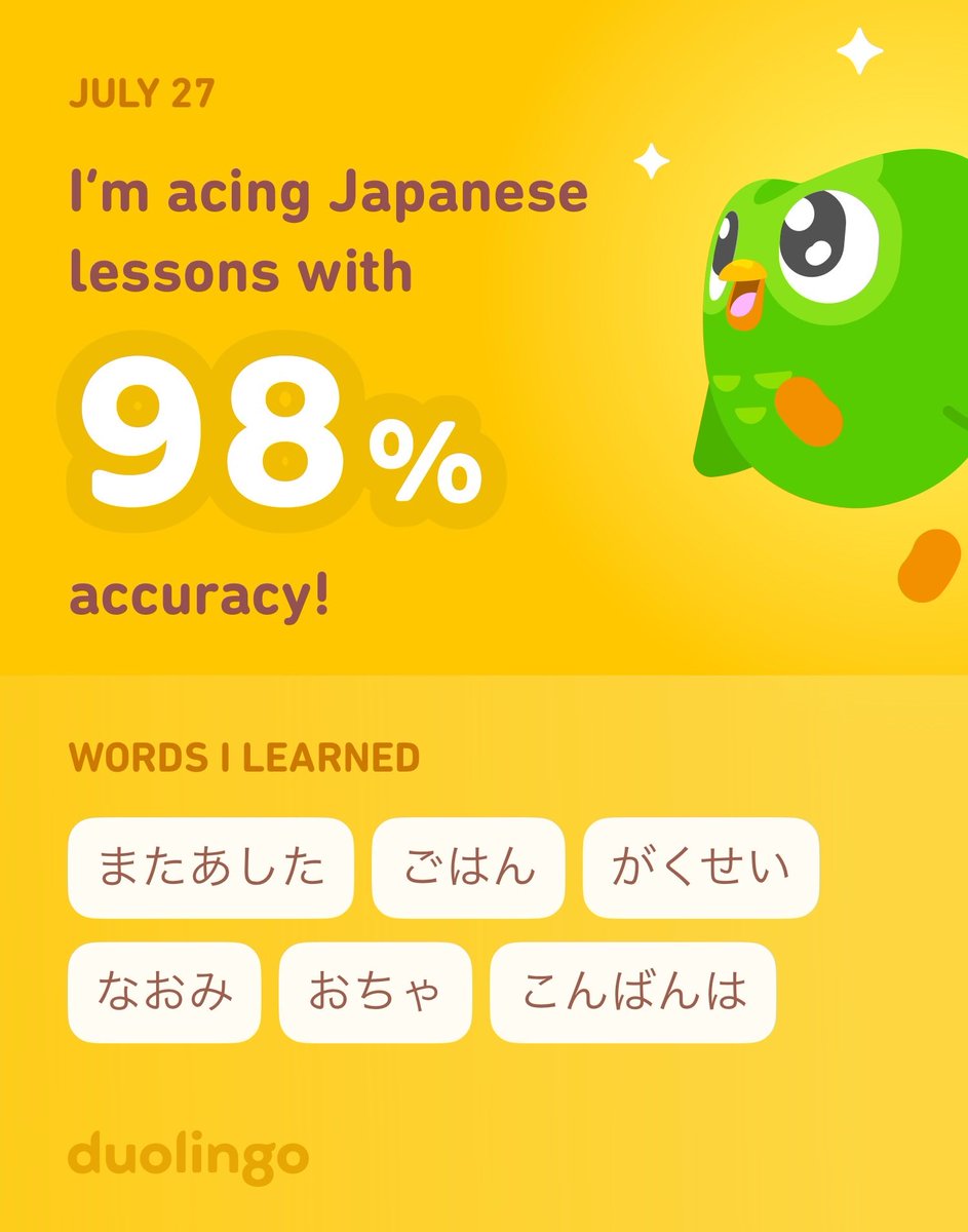 Fancynunu's tweet photo. I’m learning Japanese on Duolingo! It’s free, fun, and effective. https://t.co/PYO9NVX0NE