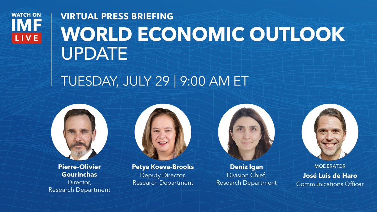 Julie Kozack, IMF (@imfspokesperson) on Twitter photo Stay tuned for the release of the July 2025 World Economic Outlook Update on Tuesday, July 29 at 9:00 AM ET (1:00 PM UTC) and the live press briefing with <a href="/pogourinchas/">Pierre-Olivier Gourinchas</a>, Petya Koeva Brooks, and Deniz Igan. imf.org/en/Publication… Stay tuned for the release of the July 2025 World Economic Outlook Update on Tuesday, July 29 at 9:00 AM ET (1:00 PM UTC) and the live press briefing with <a href="/pogourinchas/">Pierre-Olivier Gourinchas</a>, Petya Koeva Brooks, and Deniz Igan. imf.org/en/Publication…