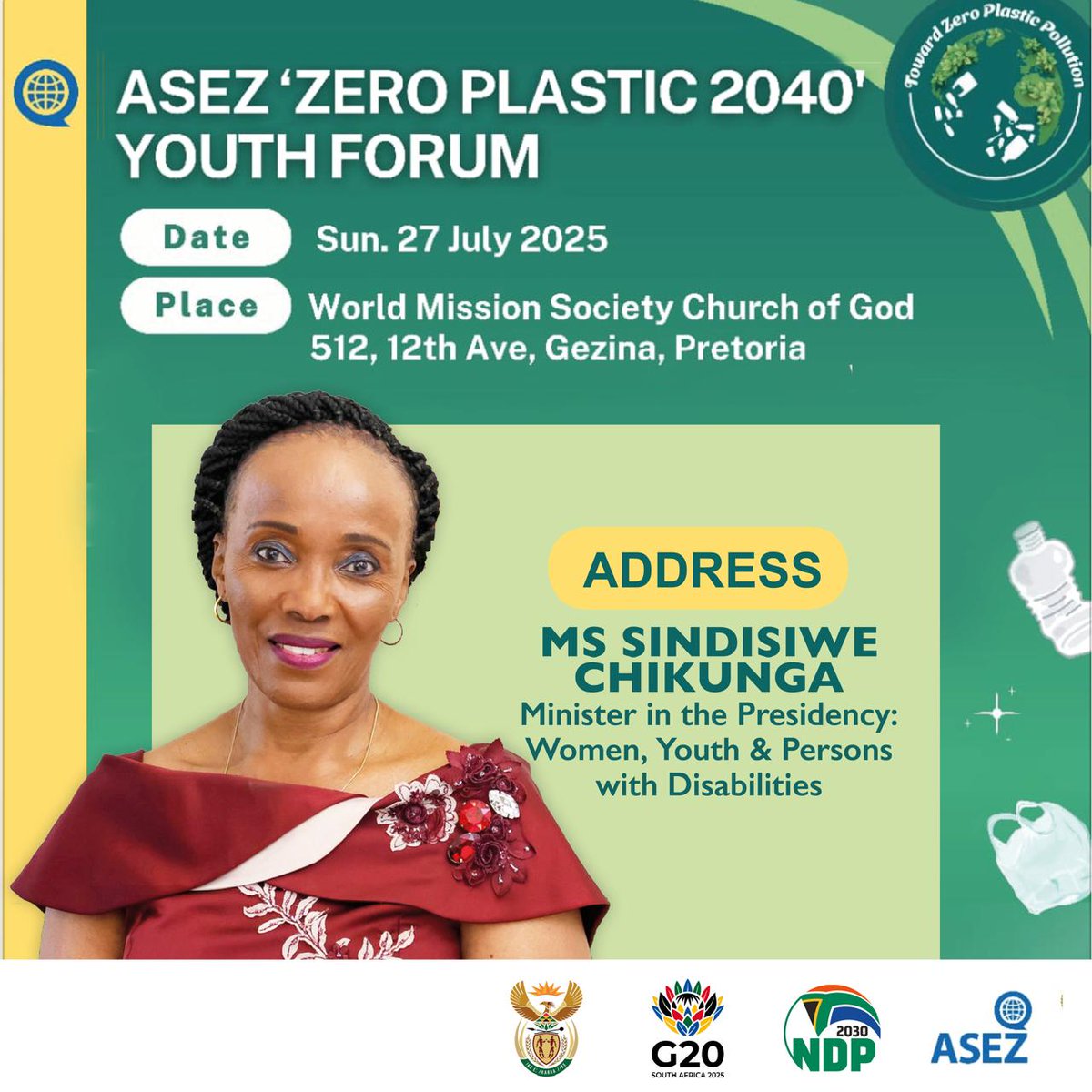 DWYPD_ZA's tweet image. Minister @s_chikunga will today address the ASEZ ‘Zero Plastic 2040’ Youth Forum in Pretoria, alongside Deputy Minister Pinky Kekana.
Held under the theme “Toward Zero Plastic Pollution!”, the forum unites youth, civil society, and experts in a call for urgent climate action.