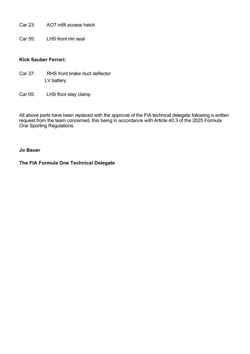 fiadocsbot's tweet image. New document: Doc 61 - Parts and Parameters been replaced and or changed during Parc Fermé
Published on 27.07.25 13:55 CET
fia.com/system/files/d…
#F1 #Formula1 #FIA #BelgianGP 🇧🇪