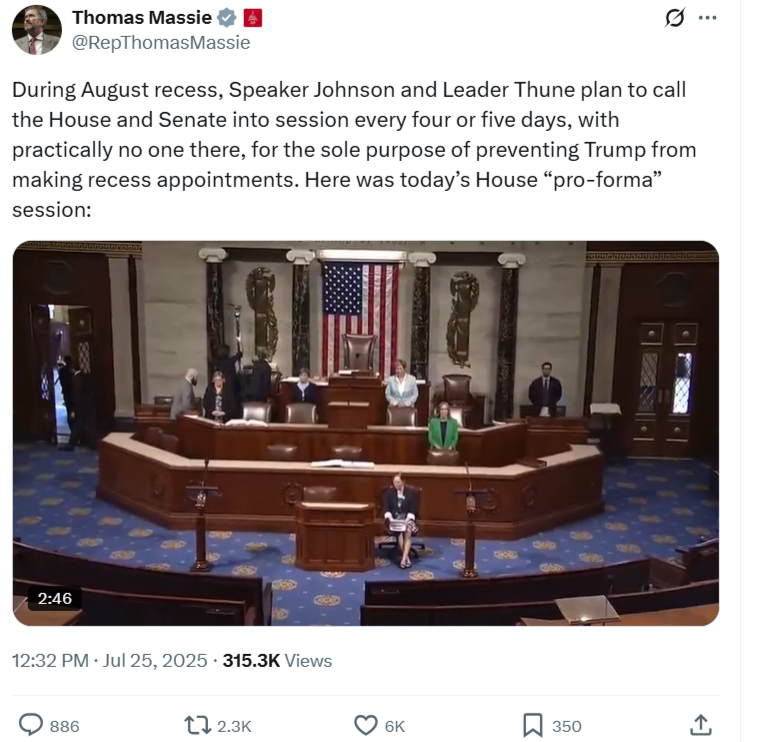 Steve Ferguson (@lsferguson) on Twitter photo President Trump's own political party is preventing him from making recess appointments. Let that sink in. <a href="/realDonaldTrump/">Donald J. Trump</a> <a href="/SenateGOP/">Senate Republicans</a> <a href="/HouseGOP/">House Republicans</a> <a href="/LeaderJohnThune/">Leader John Thune</a> <a href="/SpeakerJohnson/">Speaker Mike Johnson</a> President Trump's own political party is preventing him from making recess appointments. Let that sink in. <a href="/realDonaldTrump/">Donald J. Trump</a> <a href="/SenateGOP/">Senate Republicans</a> <a href="/HouseGOP/">House Republicans</a> <a href="/LeaderJohnThune/">Leader John Thune</a> <a href="/SpeakerJohnson/">Speaker Mike Johnson</a>