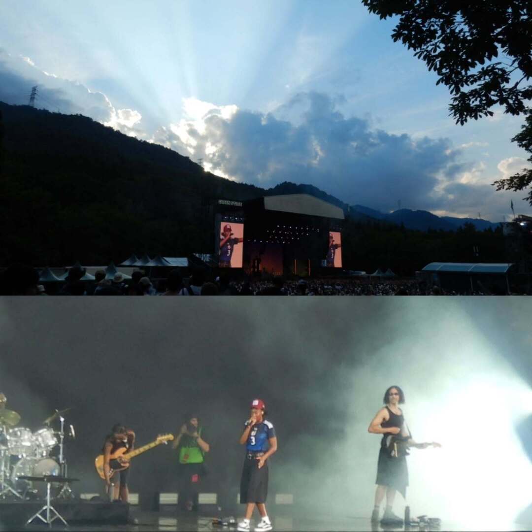 waskaz's tweet image. 17:30にグリーンに戻ったらLittle SIMZがプレイ中。UKラップのお姉さん。
グリーンステージの向こうは夕焼け手前くらいになってきました。
