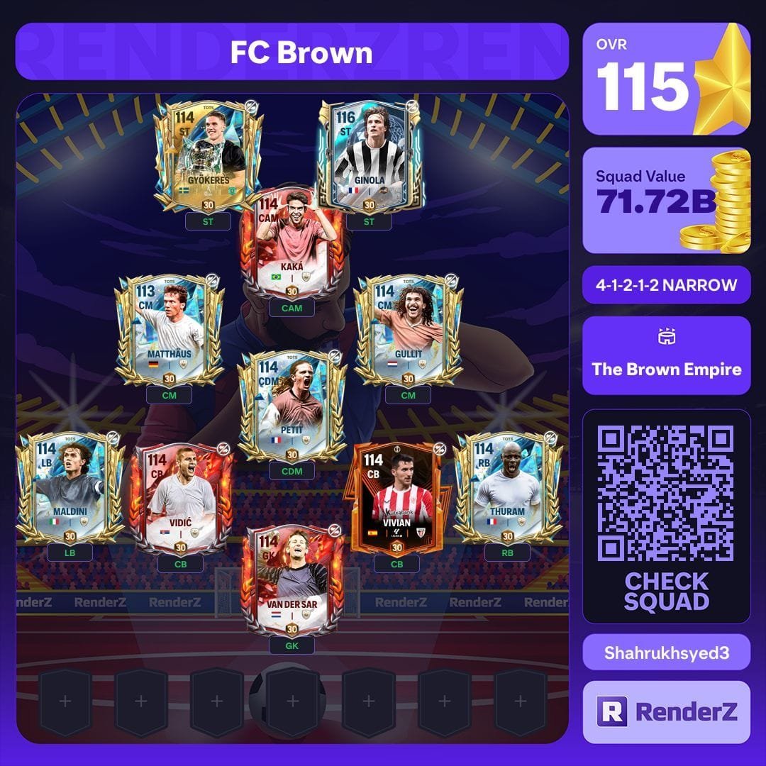 🏟️ Enter The Brown Empire! 👑

Support <a href="/FCBROWN34/">FC BROWN</a> by selecting “The Brown Empire” stadium in the RenderZ Squad Builder!

Show your allegiance, rep the empire, and build your squad in style! 💪🔥

🔗 renderz.app/24/squadbuilde…