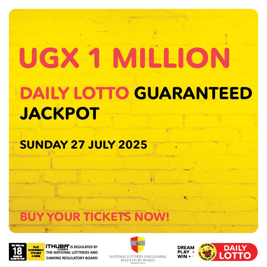 XfmUG's tweet image. AD
It’s payday buli daily. Play #DAILYLOTTO for a GUARANTEED UGX 1 MILLION jackpot on Sunday 27/07/2025.
Buy your tickets NOW in authorised shops, OR by simply clicking on the link bit.ly/46e5yh6 OR Dial *278# OR dial *185# on Airtel Money OR *165# on MTN MoMo OR *252#…